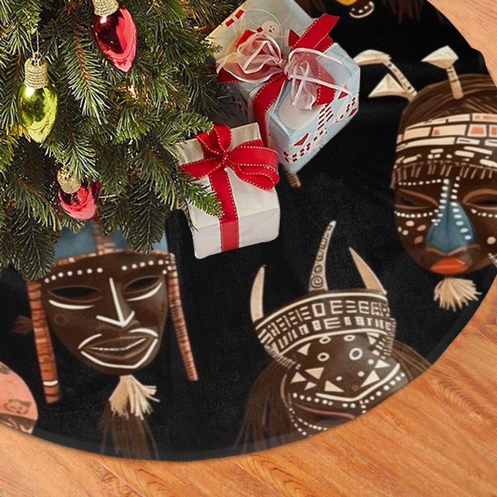 Fodpand Black African Ritual Ethnic Tribal Christmas Tree Skirt 36" Velvet Xmas Tree Skirt Mat Rustic Christmas Tree Mat Cover Winter Xmas Tree Collar For Indoor Outdoor Christmas Decorations