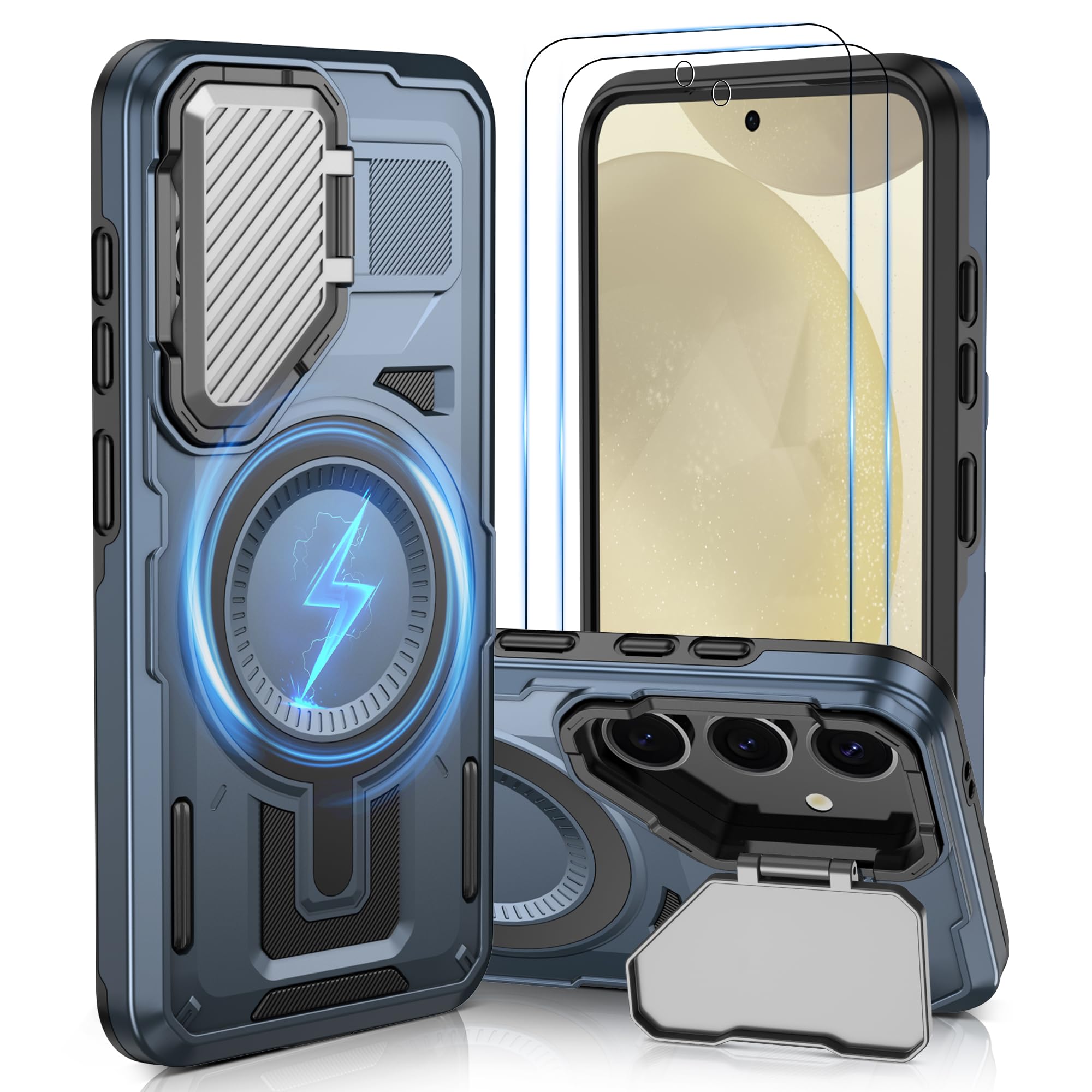 ATUMP Magnetic for Samsung S25 Case | S24 Case with Camera Cover Stand [2 Pack HD Screen Protector], |Compatible with-MagS...