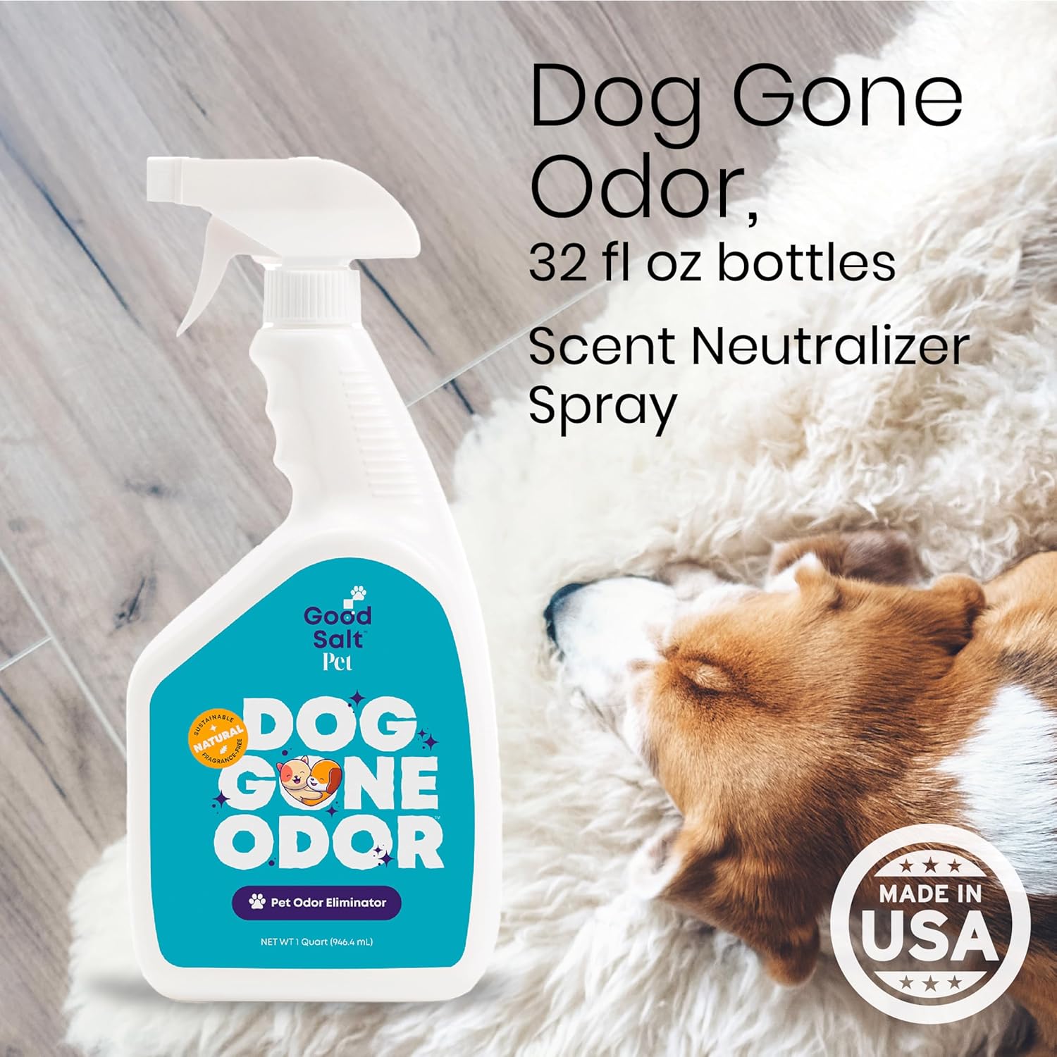 Good Salt Pet Dog Gone Odor, Natural & Fragrance Free Scent Neutralizer Spray, Made in the USA, 32 Ounce Bottle, 4-Pack
