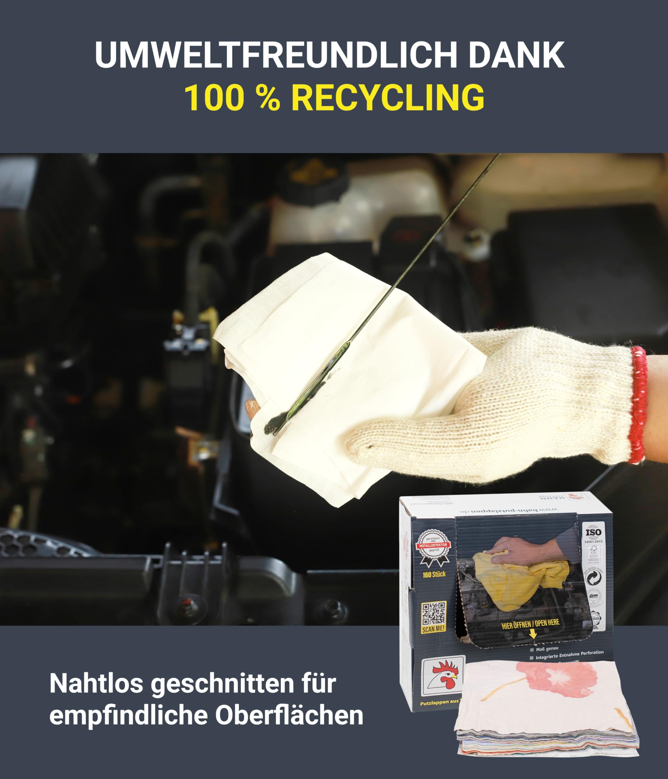 Hahn Putzlappen® Weiche Baumwolllappen Bunt [320 Stück] – Nahtlos zugeschnitten 38x38 cm – Saugstark & langlebig für Werkstatt, Haushalt & Autopflege – 100% Recycling, Trikot & Flanell, Made in DE
