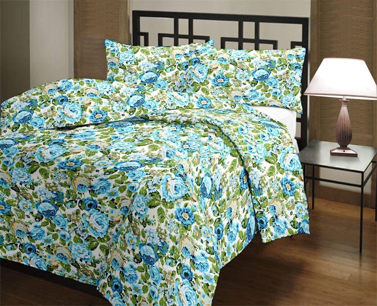 LOVEKUSH Floral Printed Double Bed Reversible Microfiber AC Dohar Blanket Lightweight Quilt/Duvet (Green and Blue)-image-1