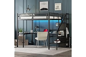 Full Size Loft Bed for Adults with Desk, Wardrobe, LED Charging Station