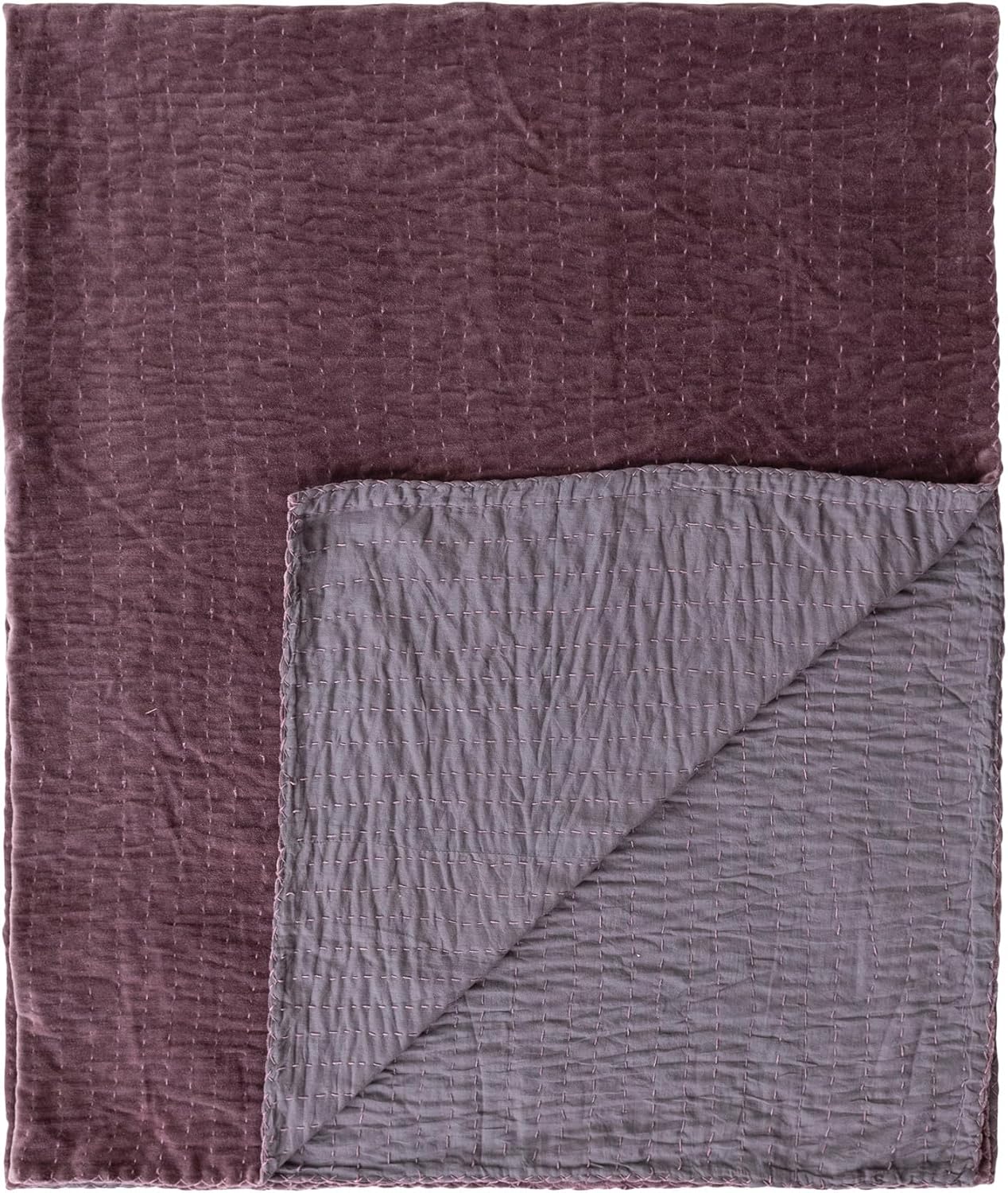 Creative Co-Op Cotton Velvet Throw Blanket with Hand-Embroidered Kantha Stitch and Blanket Stitch Edge, Purple