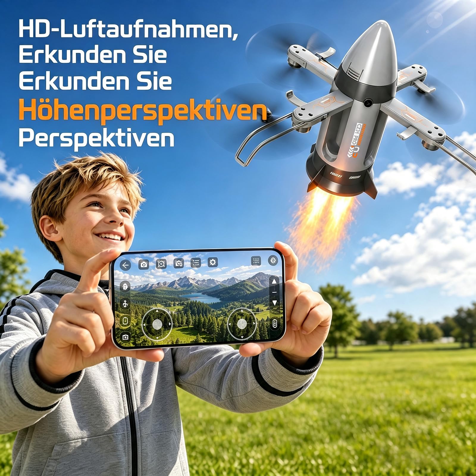 Bürstenlose Faltbare RC Drohne mit Raketen-Sprühfunktion, LED-Licht Kamera Drohne für Erwachsene Kinder, 4-Achsen-Flugzeug mit Höhenhaltung, Fernsteuerung Raumfahrt Flugzeug für Outdoor (Grau)