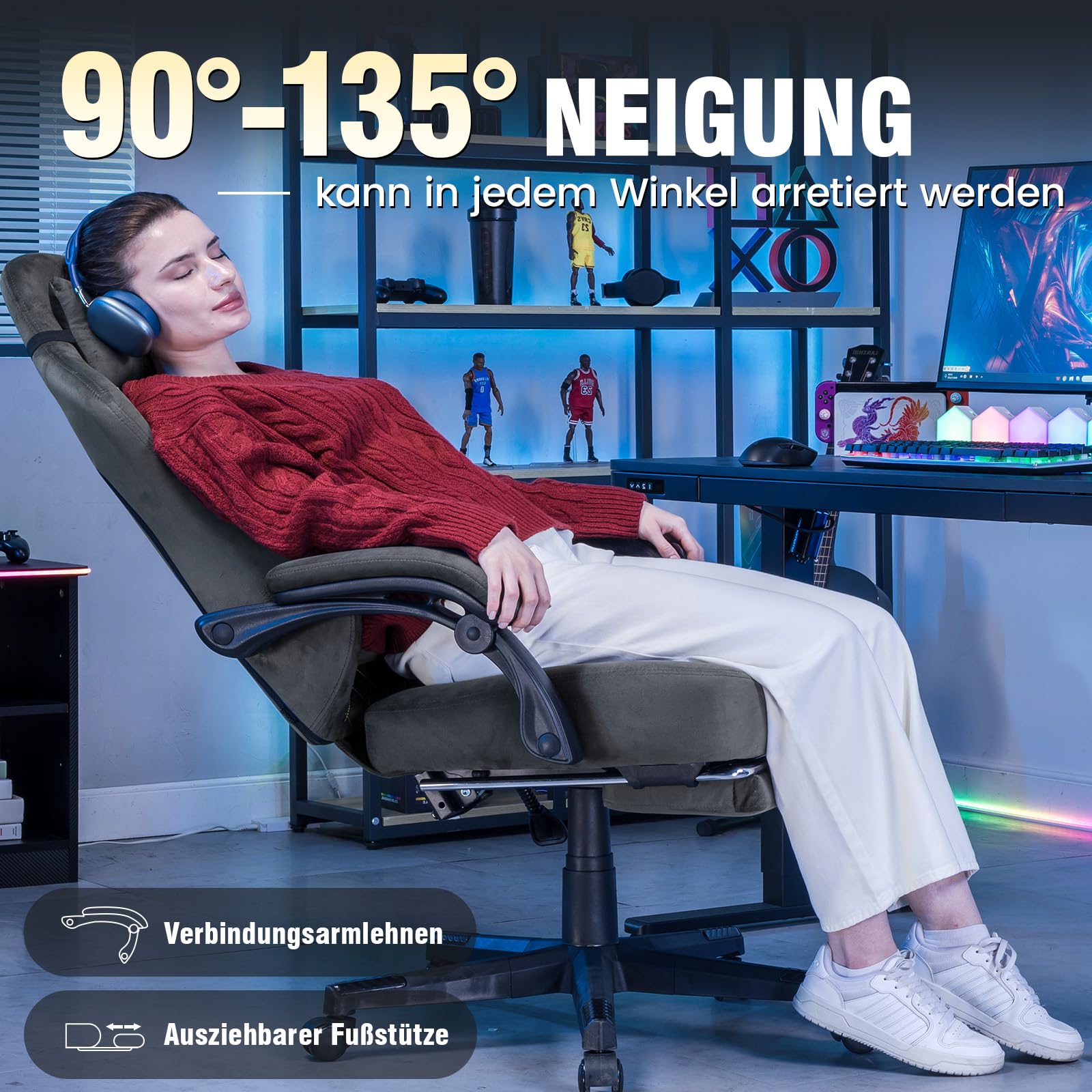 GTPLAYER Sedia da gaming, in tessuto, ergonomica, per ufficio, in PC, portata 150 kg, regolabile e girevole, con cuscino a molla e poggiapiedi, grigio