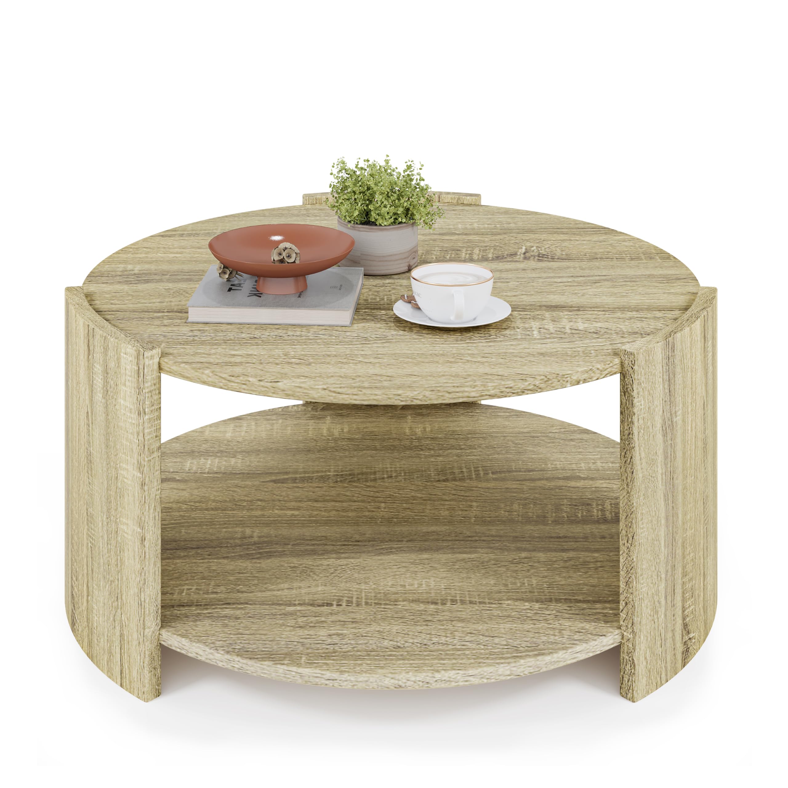 Round Coffee Table, 36" Rustic Modern Circle Coffee Tables with 2 Tier Storage Shelf, Cocktail Table for Living Room Apartment