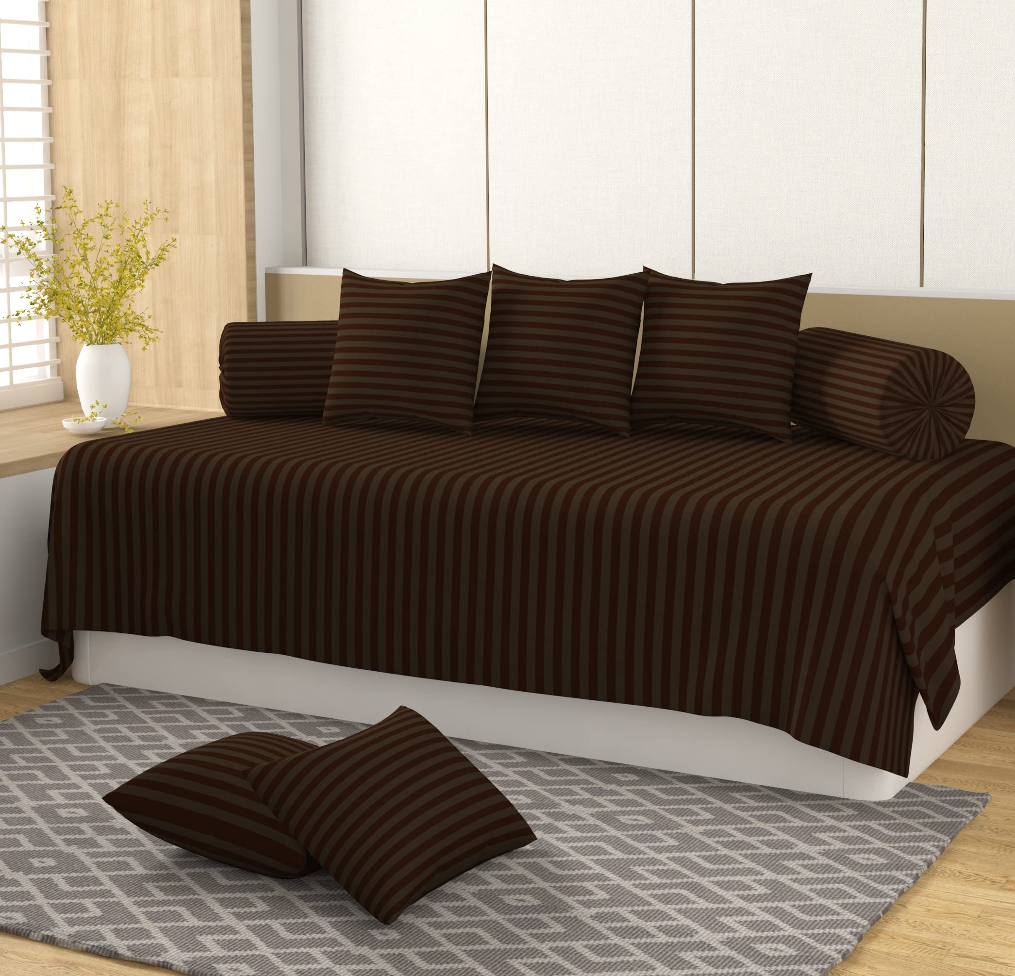 HIDECOR Super Soft Cotton diwan Set for Living Room, diwan Set 8 Pieces One Single Bedsheet with 3 Cushion Cover,2 Bolster (Brown)-picture-20