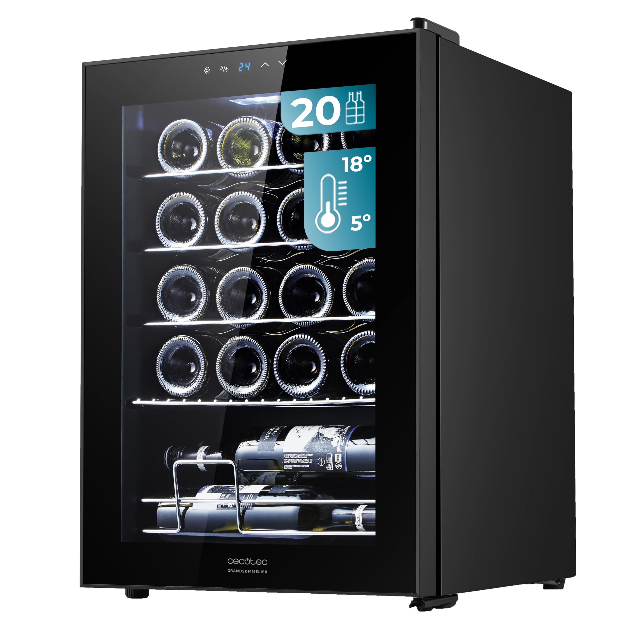Cecotec Vinoteca, Nevera para Vinos de 20 Botellas Bolero GrandSommelier 2050 Black Compressor. Temperatura ajustable de 5-18ºC, Alto rendimiento, Funcionamiento silencioso y sin Vibraciones