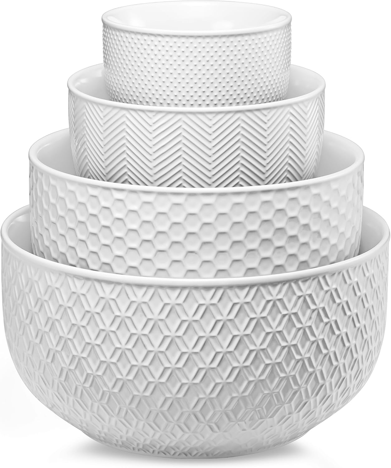 KooK Ceramic Mixing Bowls, Nesting Set of 4, Embossed Kitchen Dishware, Prep, Serving, Gift, Microwave and Dishwasher Safe, 20/44/98/145 oz, Narbonne Collection (Ivory)