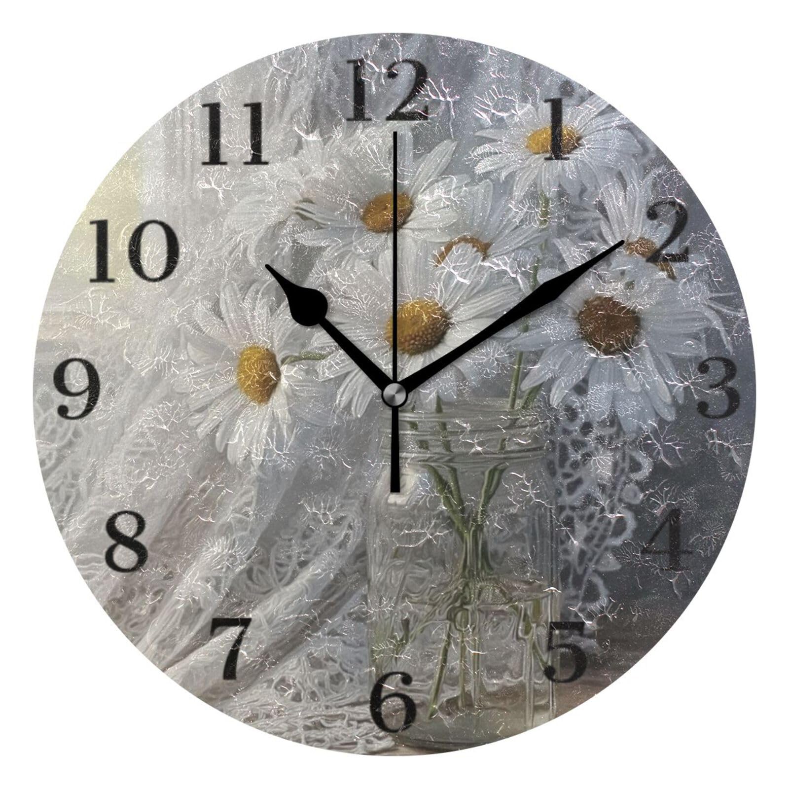 Ensound White Lace Daisies Wall Clock Silent Non-Ticking Battery Operated Clocks 12 Inch for Kitchen Home Living Room