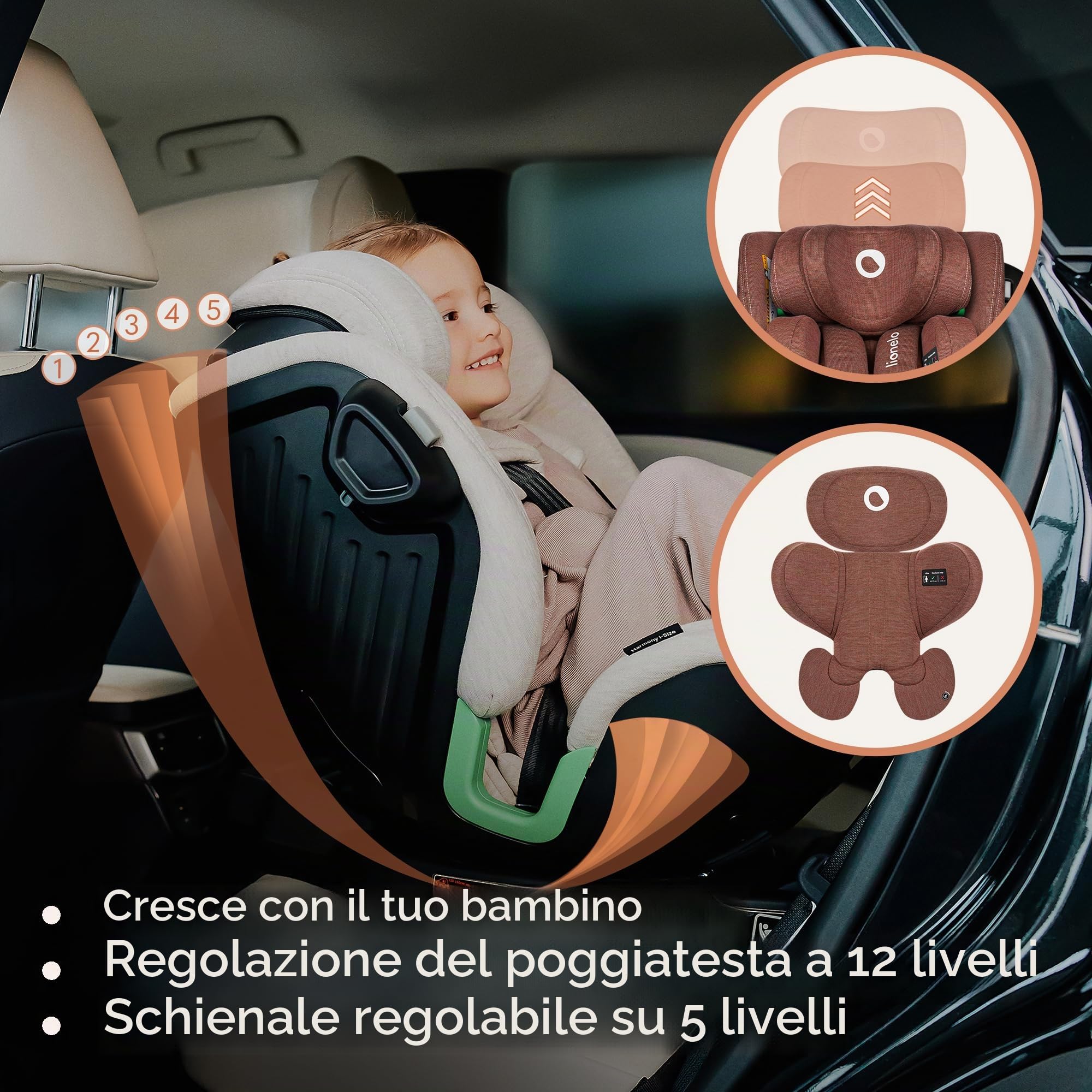 LIONELO Harmony i-Size Seggiolino Auto Girevole 360° ISOFIX per 0-12 Anni | Bambini 0-12 Anni, Gamba di Supporto, Fronte e Retro Marcia, 5 Livelli Reclinabili, Protezione Laterale