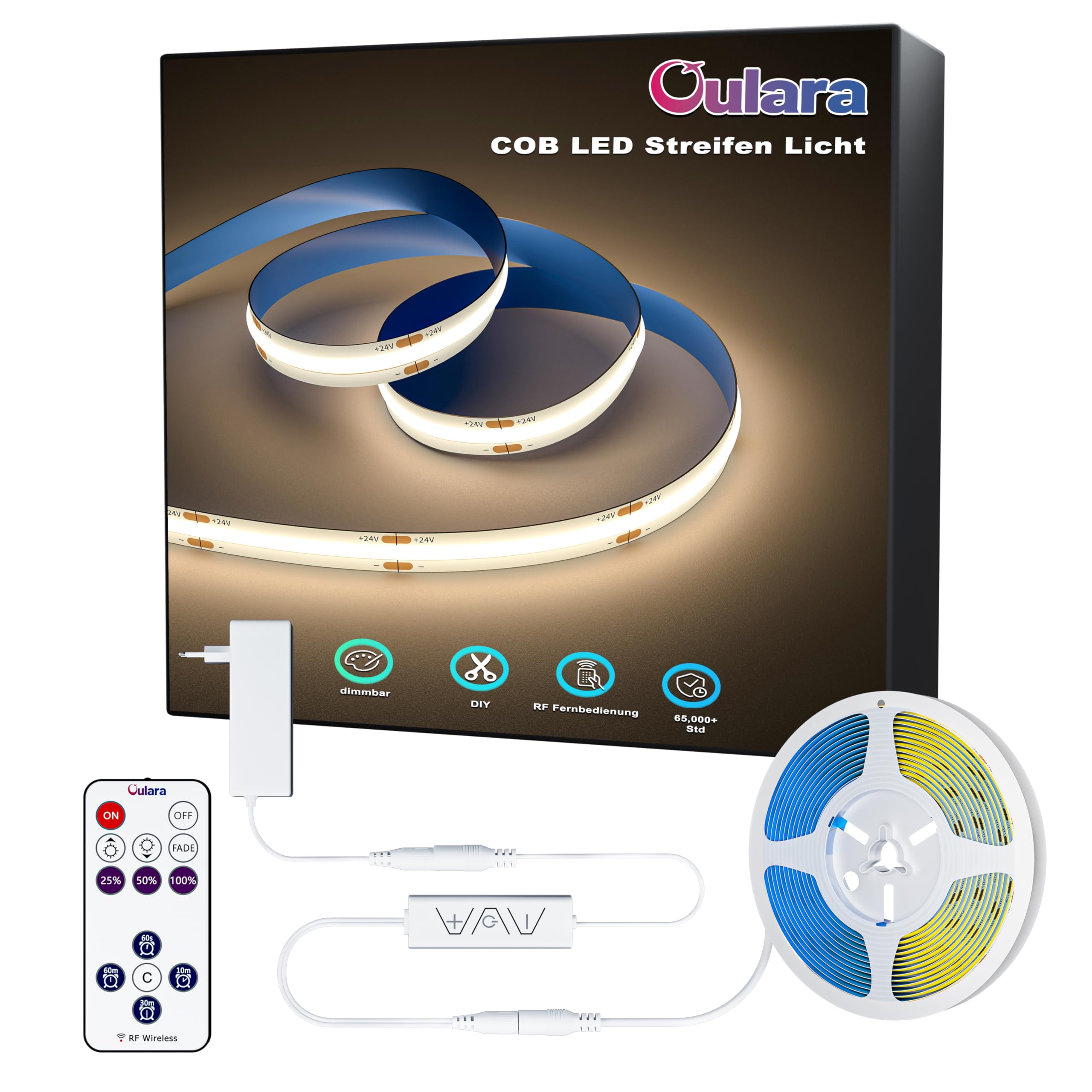 OULARA COB LED Streifen Natürliches Weiß 4000K,10M Dimmbar 24V Flexibel LED Streifen mit RF Fernbedienung und Netzteil,CRI90+ Hell Unterbauleuchte für Home DIY Dekoration,Timerfunktion