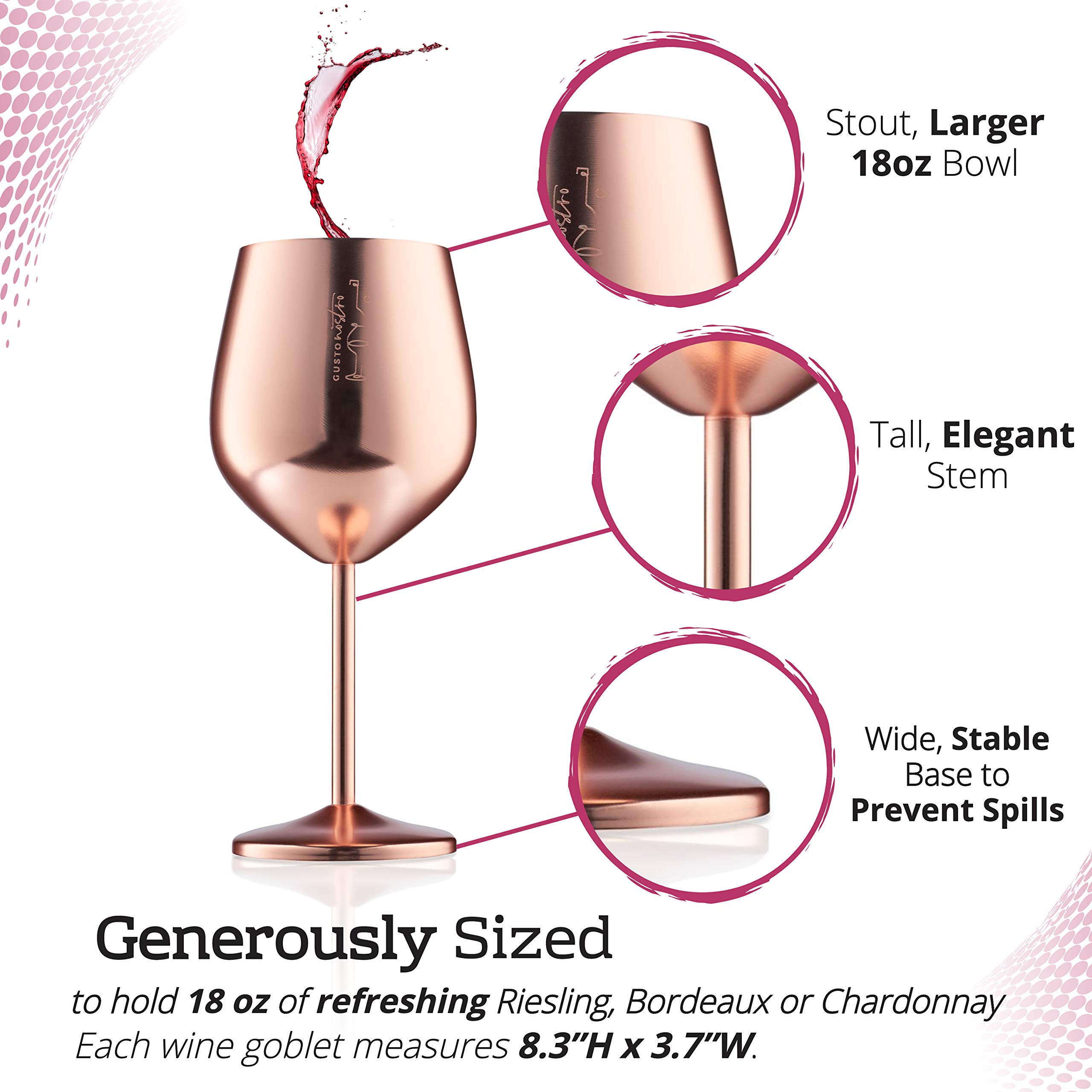 Gusto Nostro Stainless Steel Wine Glass - 18 oz - Cute, Shatterproof Wine Glasses for Travel, Camping & Pool - Chic Unique and Cool Portable Metal