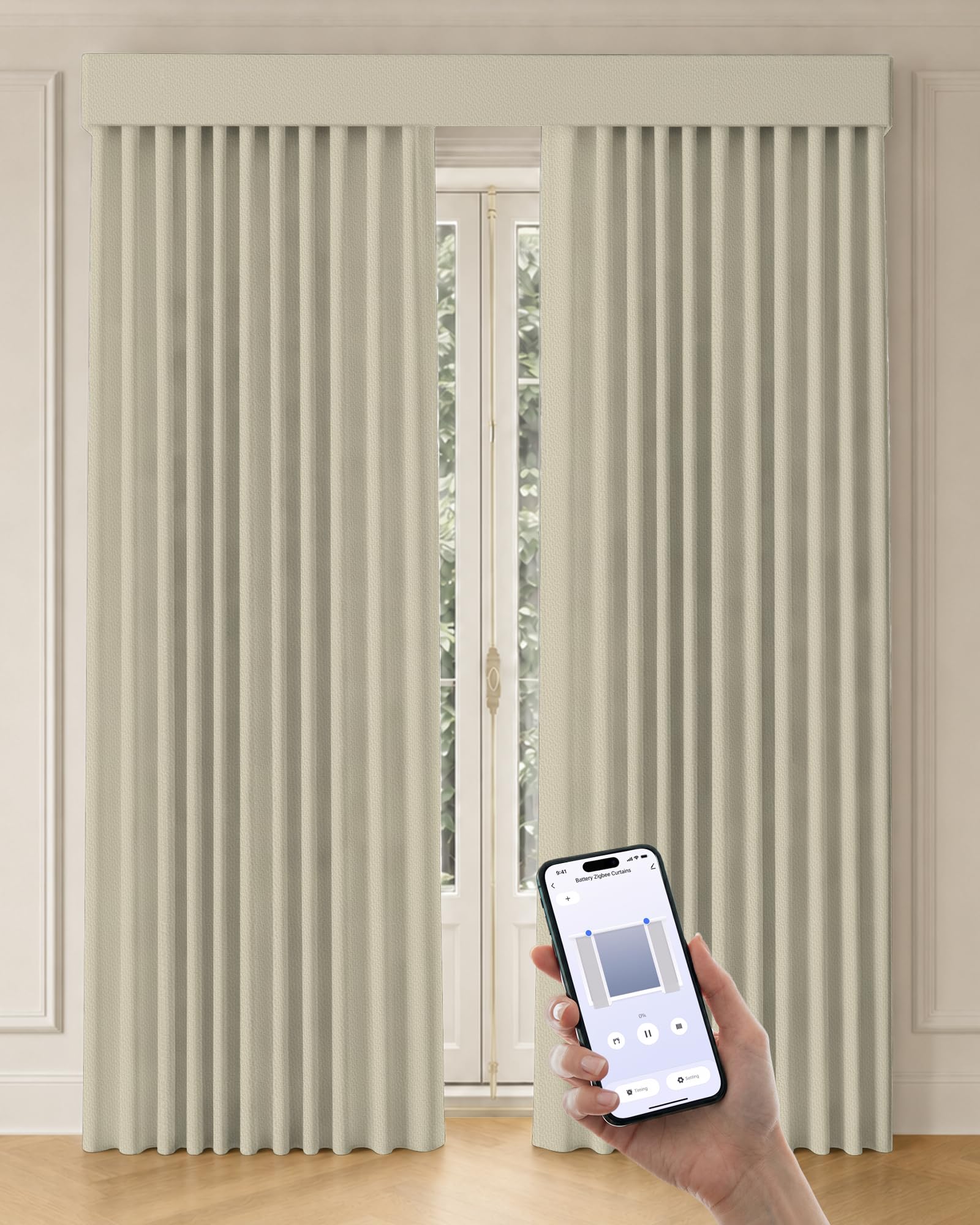 Graywind Motorized Curtains with Track, Room Darkening Smart Curtains, Rechargeable Curtains Compatible with Alexa &amp; Remote Control for Large Windows, Custom Drapes Up to 220", Haven (Cream)