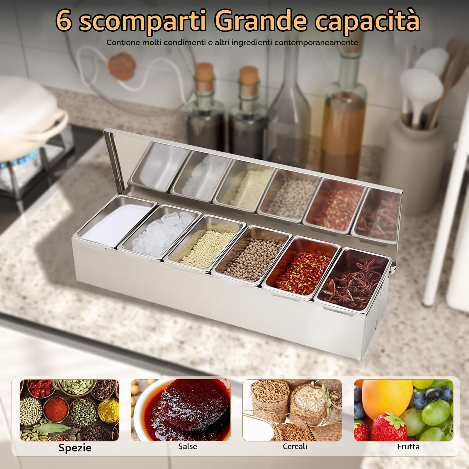 Portacondimenti, Set di 6 Condimento Box Spezia Jar, Sei Scatola di Condimento in Acciaio Inox Estraibili con Coperchio e 6 cucchiai per spezie, sale e zucchero, condimenti, 46x 15cm