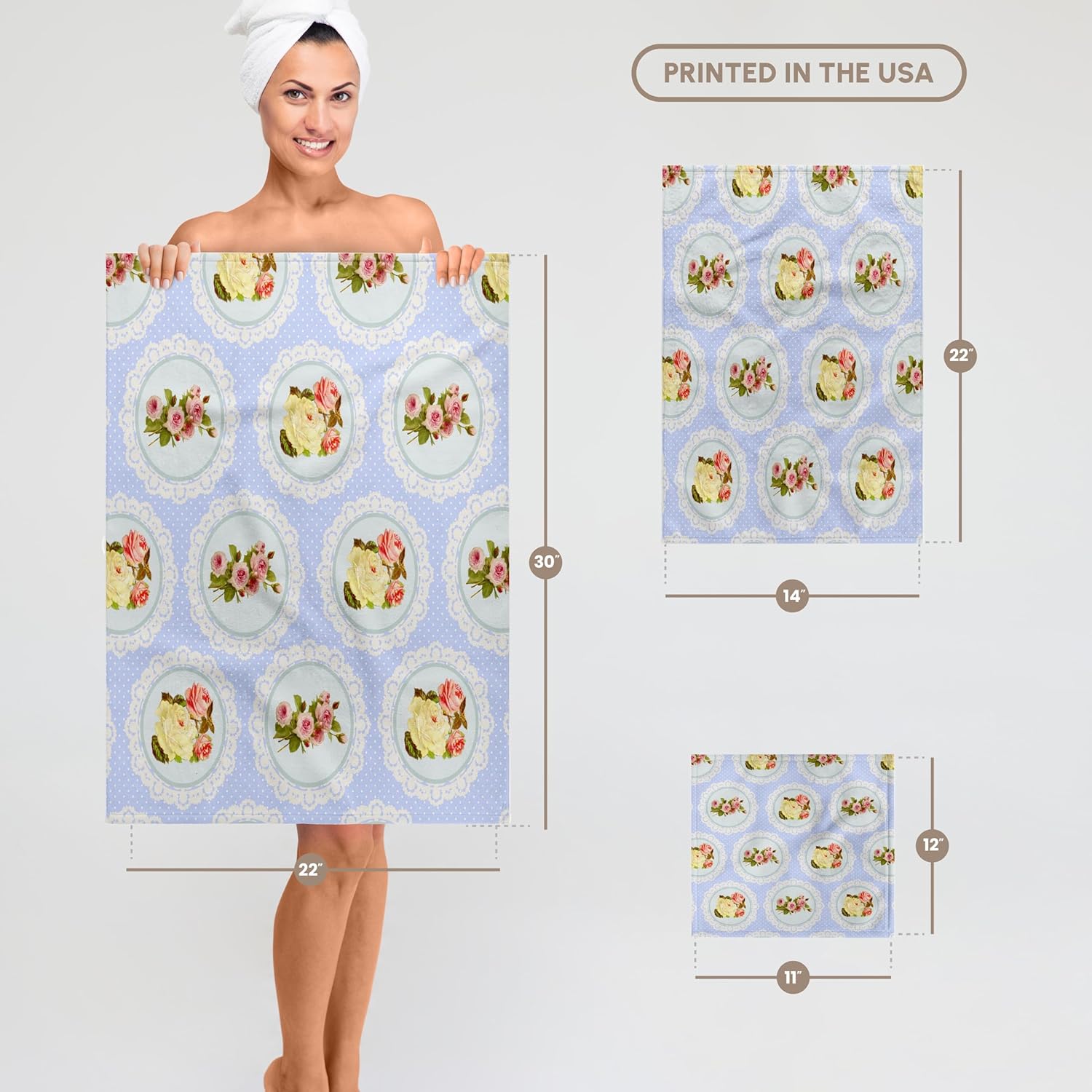 3dRose Shabby Chic Flower Pattern - Pink and White Roses in lace-Graphic Circles on Girly Vintage Baby Blue 22x30 Bath Hand Pool Towel