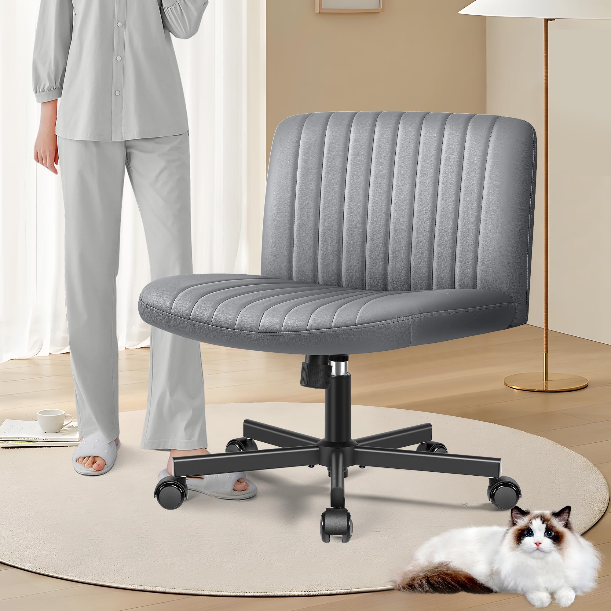 Brick AtticCriss Cross Chair with Wheels Legged Armless Desk Reading Chair, Ergonomic Wide Seat Vanity Swivel Accent Chair, Height Adjustable Comfortable Computer Chair for Home Office Gray