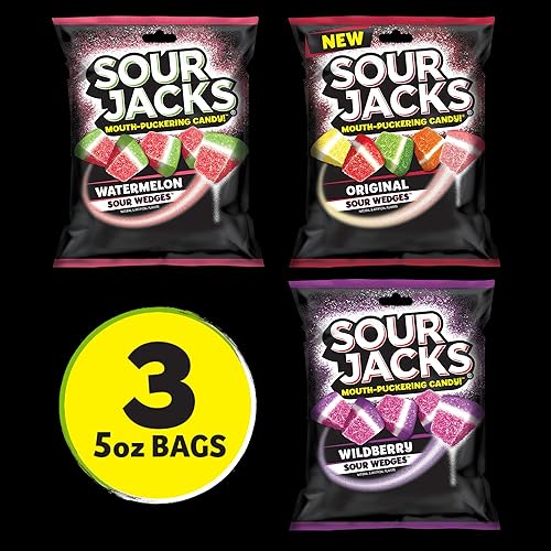 Miniatura 3 de Sour Jacks Paquete variado de golosinas de gomitas de caramelo, originales, sandía y bayas silvestres, bolsas individuales de 5 onzas (paquete de 3)