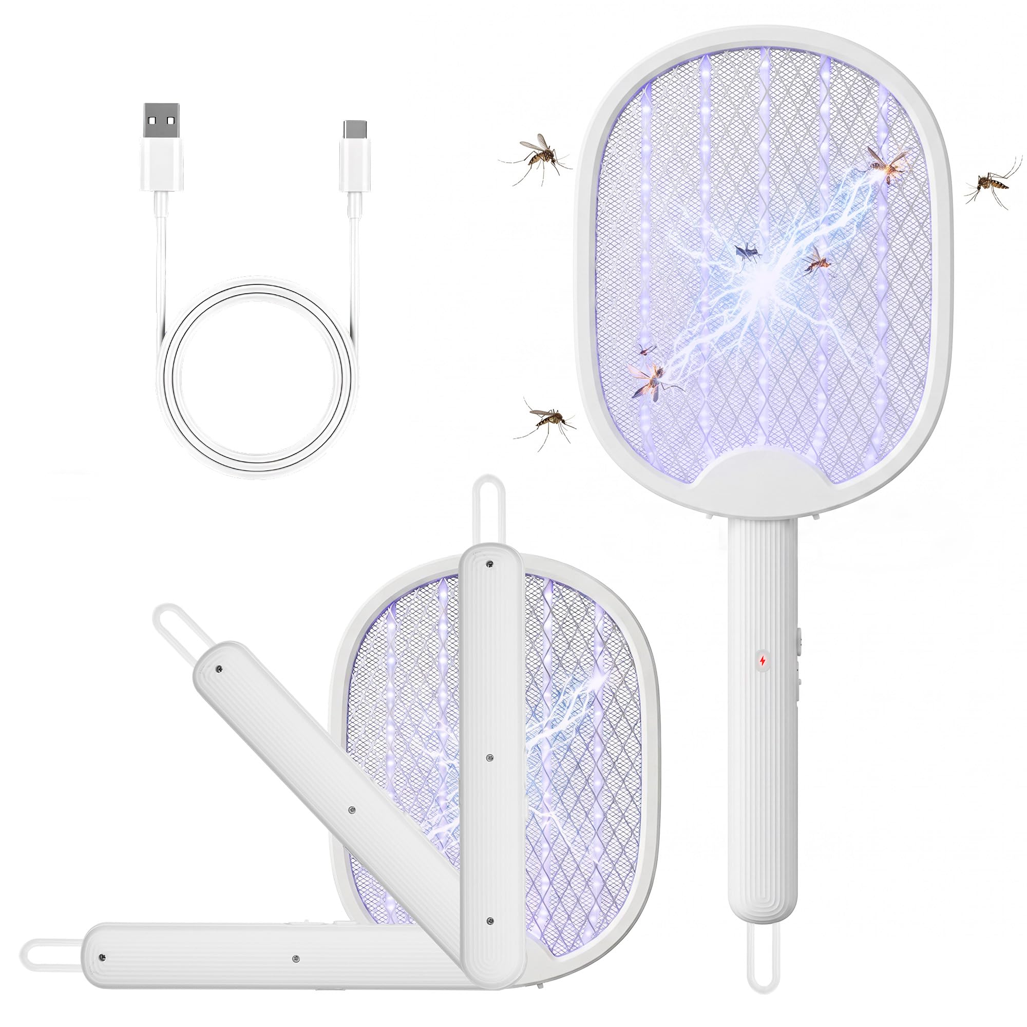 Kssvzz Electric Fly Swatter, 180° Foldable Electric Fly Zapper Racket USB-C Rechargeable, Portable 4000V Mosquito Zapper, Manual & Auto Dual Mode for Home, Camping and Outdoor Activities