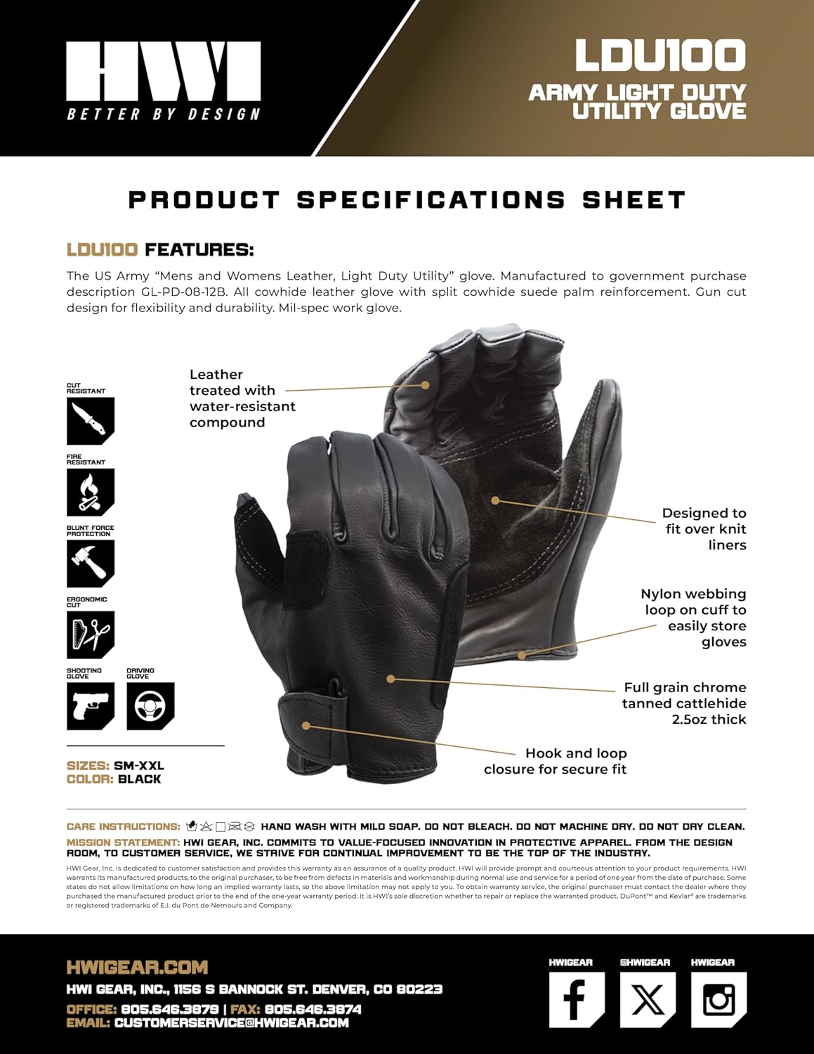 HWI Gear LDU100 Light Duty Leather Work Utility Gloves, Thick Cowhide, Flexible, Durable, Water Resistant, Outdoor Sports