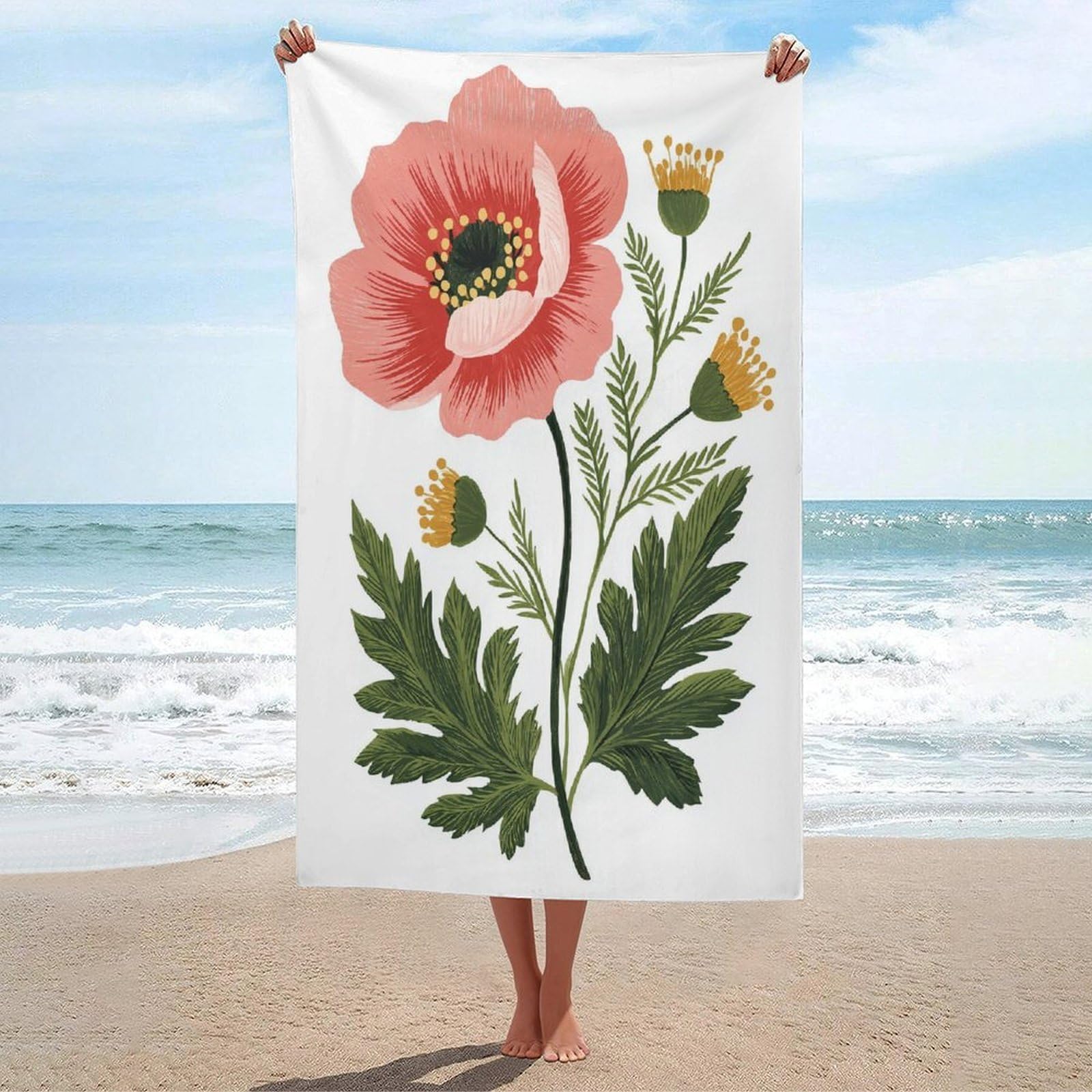 LSRCPD Whimsical Poppy Flower Folk Art Beach Towel Sand Free Microfiber Large Shower Towels Multipurpose Absorbent for Bathroom Pool 130x80 CM