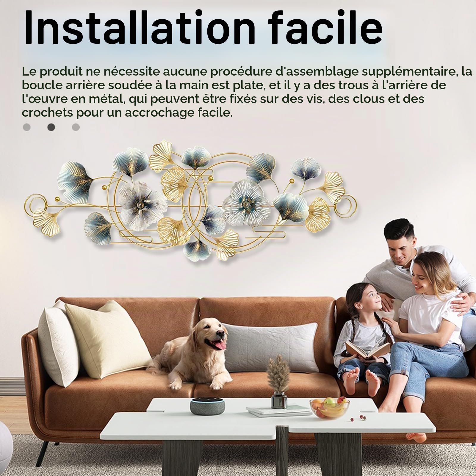 Aisny Décoration Murale Salon, 127X44cm Décoration Murale 3D Salon Fleurs Sculptures Métal Suspendue Canapé Fond Bureau Ornements Muraux Sculptures Murales Avec 2 Vis