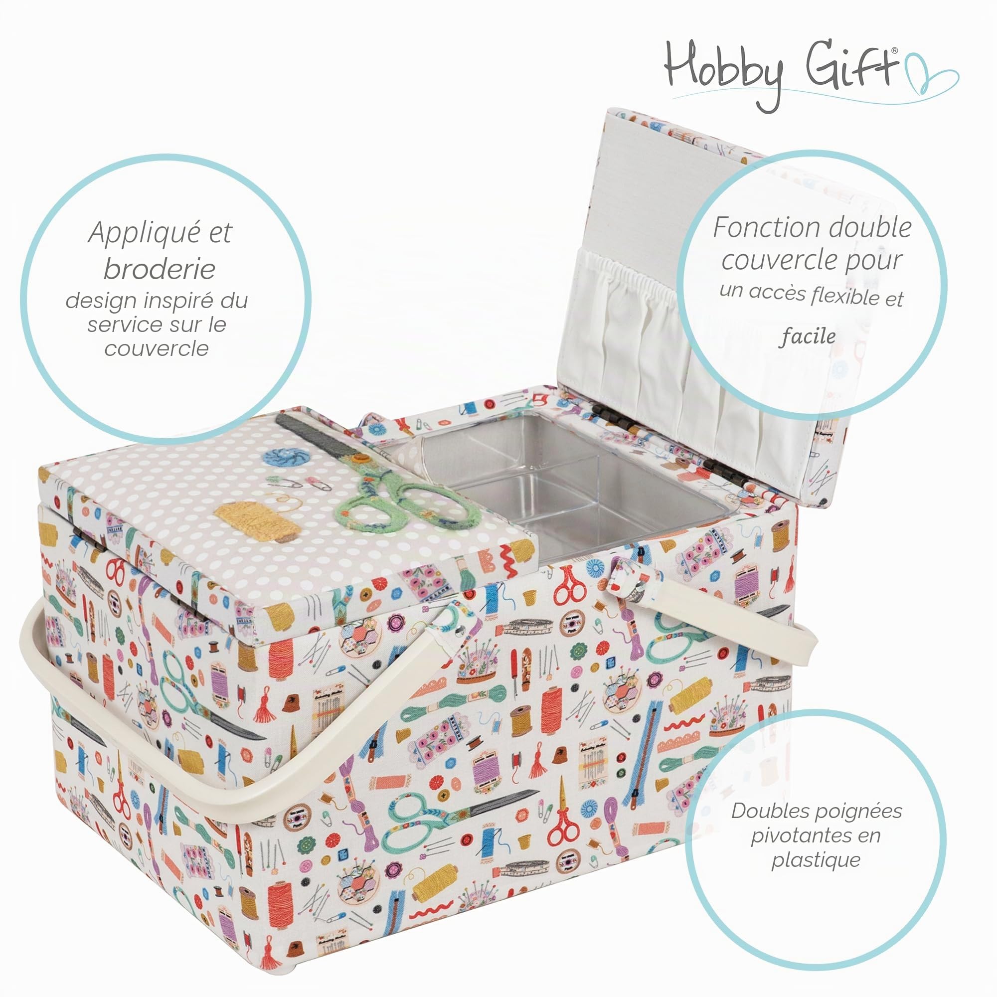 Hobby Gift Grande boîte de rangement pour l’artisanat de couture à double couvercle, appliqué, brodé, Haby Notions