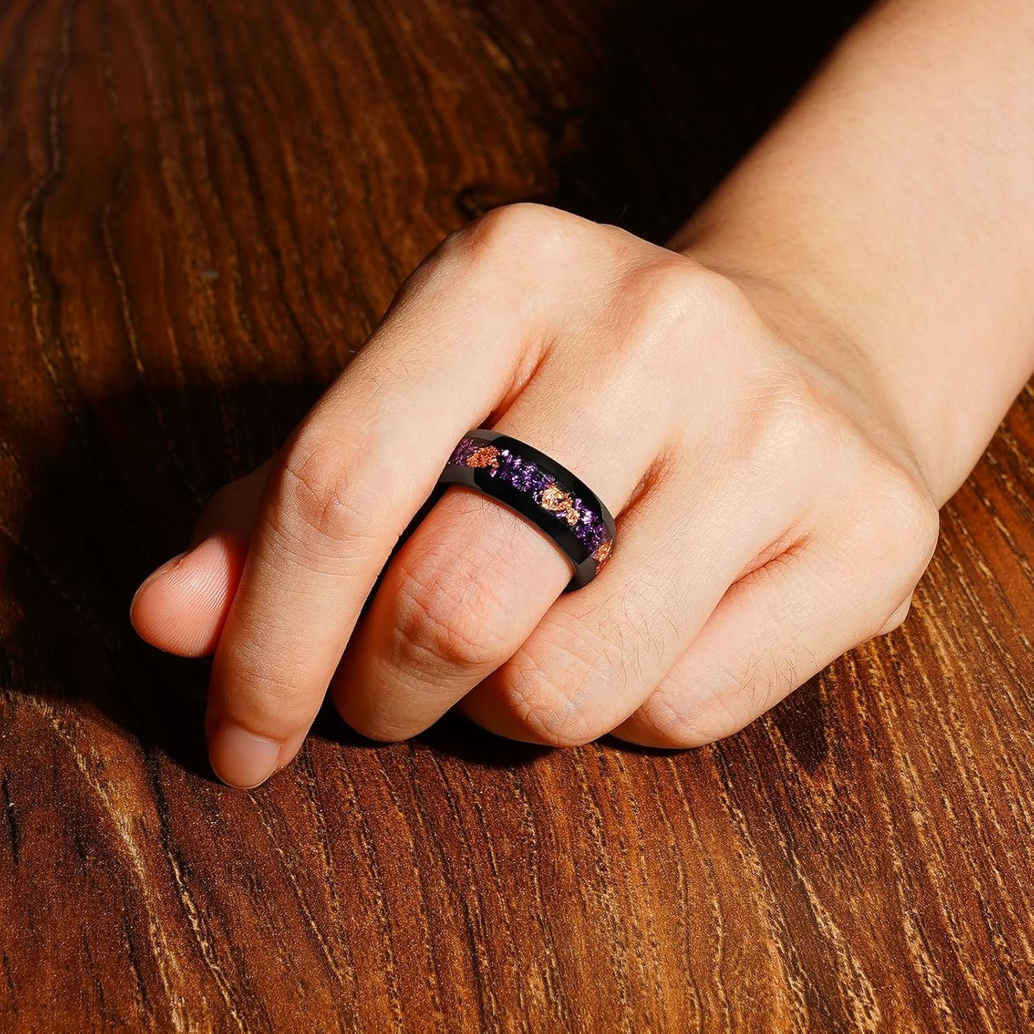 Purple Amethyst Outer Space Galaxy Look Tungsten Carbide Ring, Matching Nebula Black Silver 8/4mm Wedding Band for Man Woman, Anniversary Birthday Christmas Gift