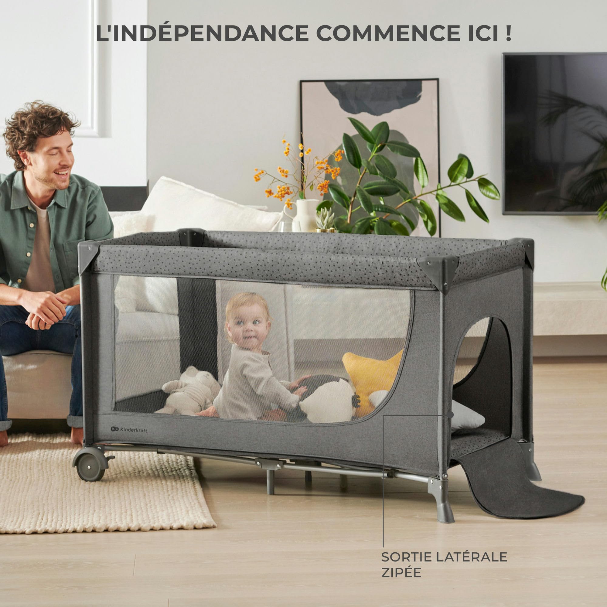 Kinderkraft Joy 2 ACC Lit Parapluie 2 en 1, Lit bébé de la Naissance Jusqu’à 15 kg, 120 x 60 cm, Facile à Plier, Carrousel avec Jouets, Étagères pour Les Couches, Sac de Transport Inclus, Gris