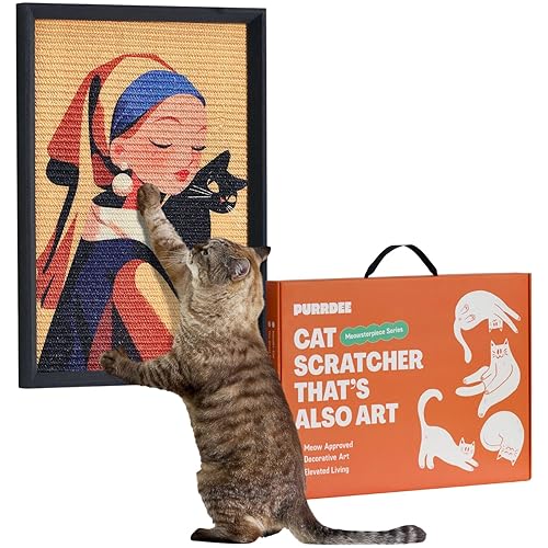 Decorative Wall Art Cat Scratcher for Vertical Scratching, 14"x20" Framed Sisal Scratch Pad Mat with Renter-Friendly No-Drill Wall Mounted Setup, Durable Alternative to Cardboard (Girl with Purr) - Girl with a Purr