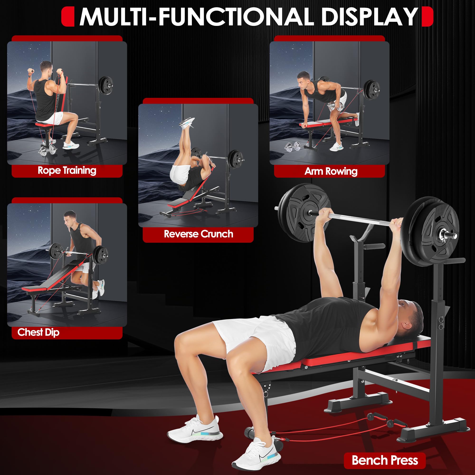 900LBS Weight Bench Set Adjustable Workout Bench for Home Gym | Bench Press, Incline Press, Squat Rack, Leg Developer, Preacher Curl Pad, Fits 6-7ft Barbells, 2-Second Fold, 38-in Rear Rack