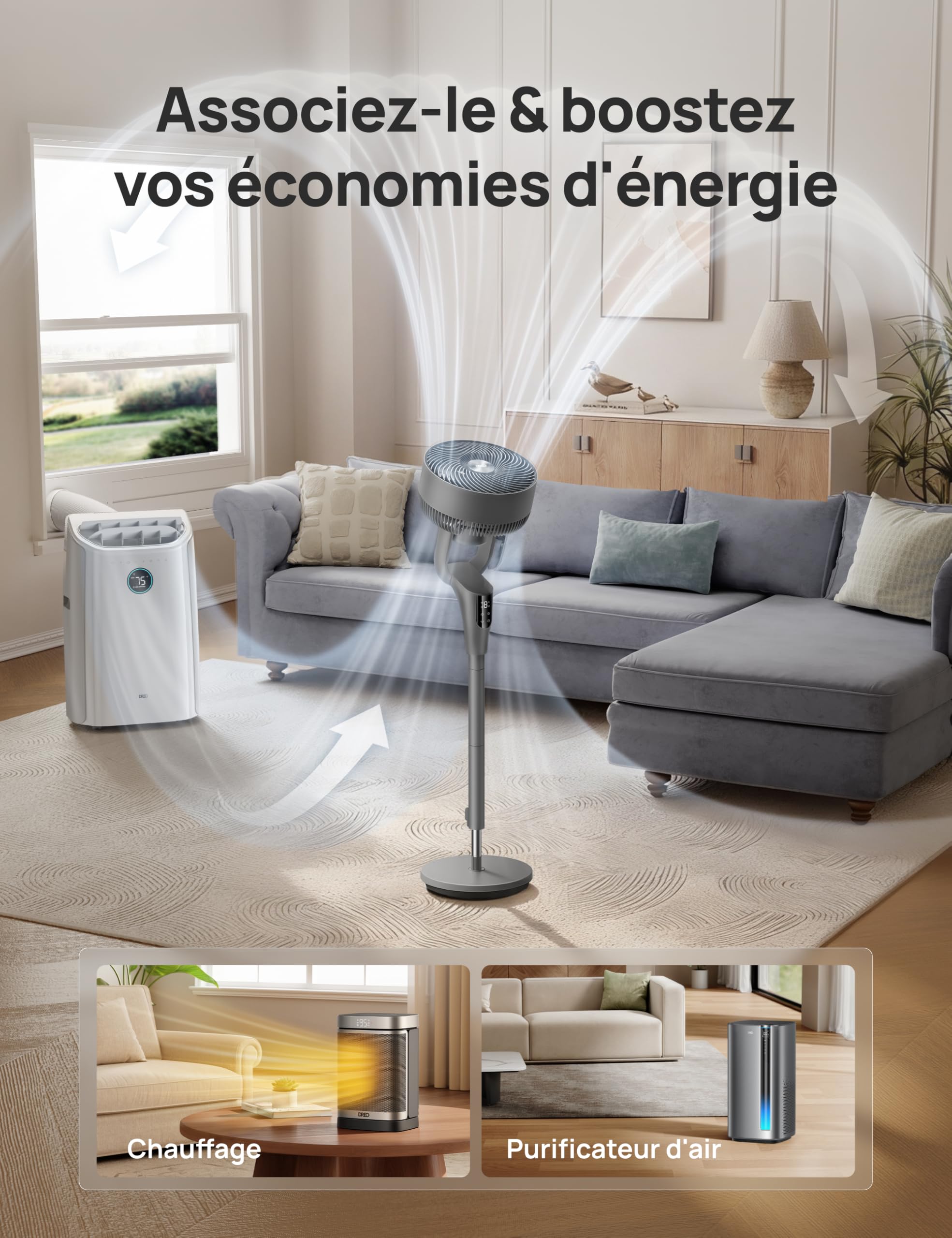 DREO Ventilateur sur Pied Silencieux pour Chambre [Amélioré], Flux d’Air 27m, 20dB, Oscillation 90°, Moteur DC, 8 Vitesses, 3 Modes, Hauteur 96–106 cm, Minuterie 8H, Inclinaison 105°