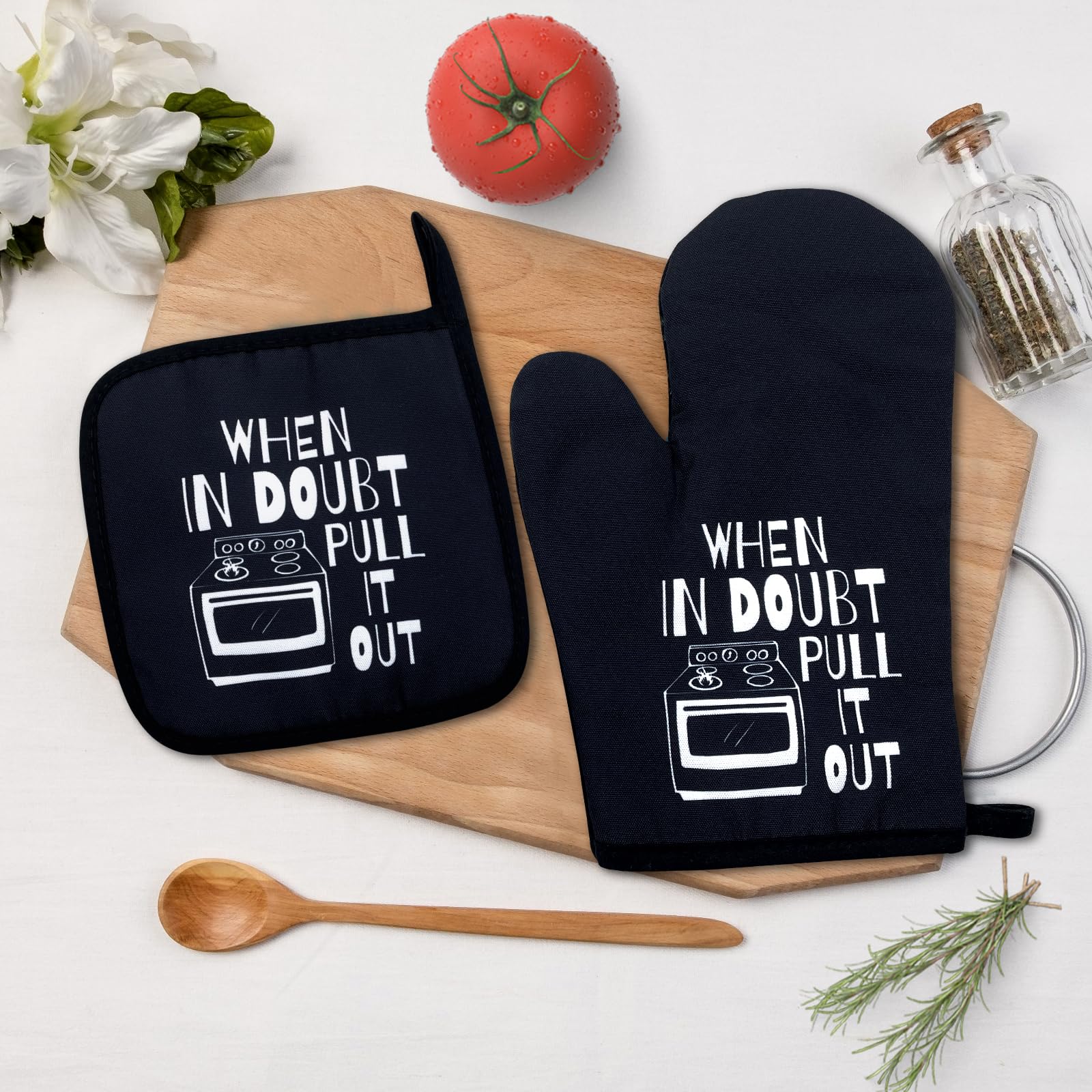 When in Doubt Pull It Out, Funny Oven Mitts and Pot Holders Set of 2, Silicone Non-Slip Kitchen Gift for Men Women, Cooking Baking BBQ, Housewarming