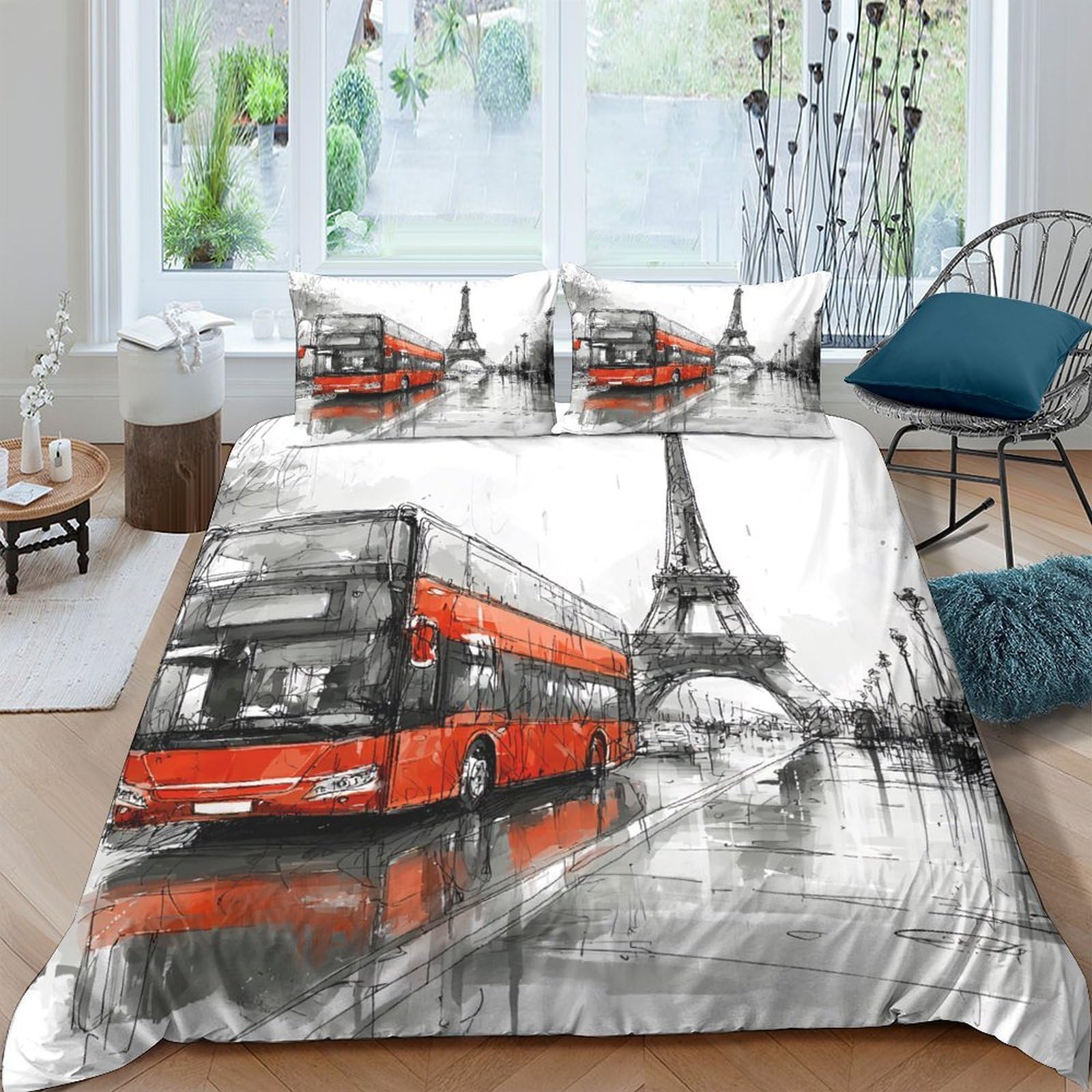 Ctjqhvkz Style-10 3D Printed Red London Bus Fitted Sheet Microfiber Soft Eiffel Tower Bed Cover For Bedroom Home Decor Single（135X200cm）