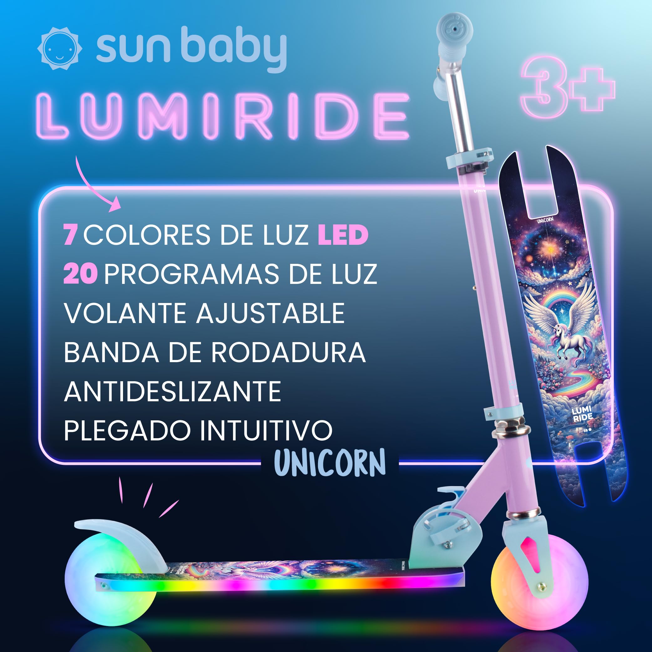 LUMI Ride Patinete Infantil 2 Ruedas LED 3+ | 7 colores, 20 programas, manillar ajustable, freno pie