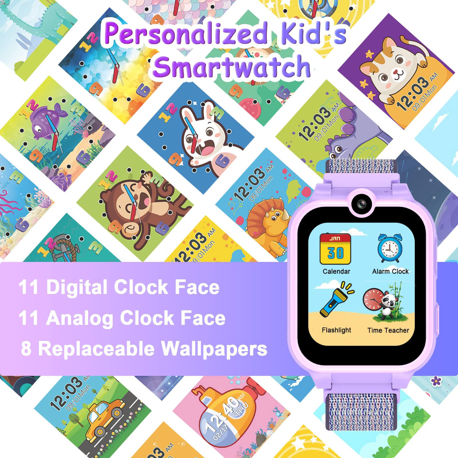PTHTECHUS Jeux Montre Connectée Enfant - Téléphone Intelligente Appel bidirectionnel Musique mp3 Double caméra podomètre vidéo SOS Livre Audio MP4 Cadeau garçon Fille 4-12 Ans (XA16 GMP Purple-SAI)