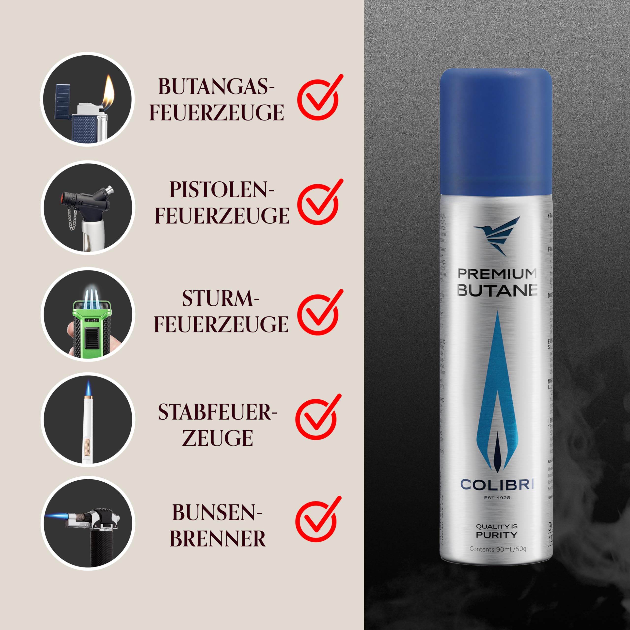 Colibri – Gas butano 2 x 90 ml para Recarga de encendedores, sopletes de Cocina y quemadores Bunsen – Botella de butano Premium en Formato Compacto