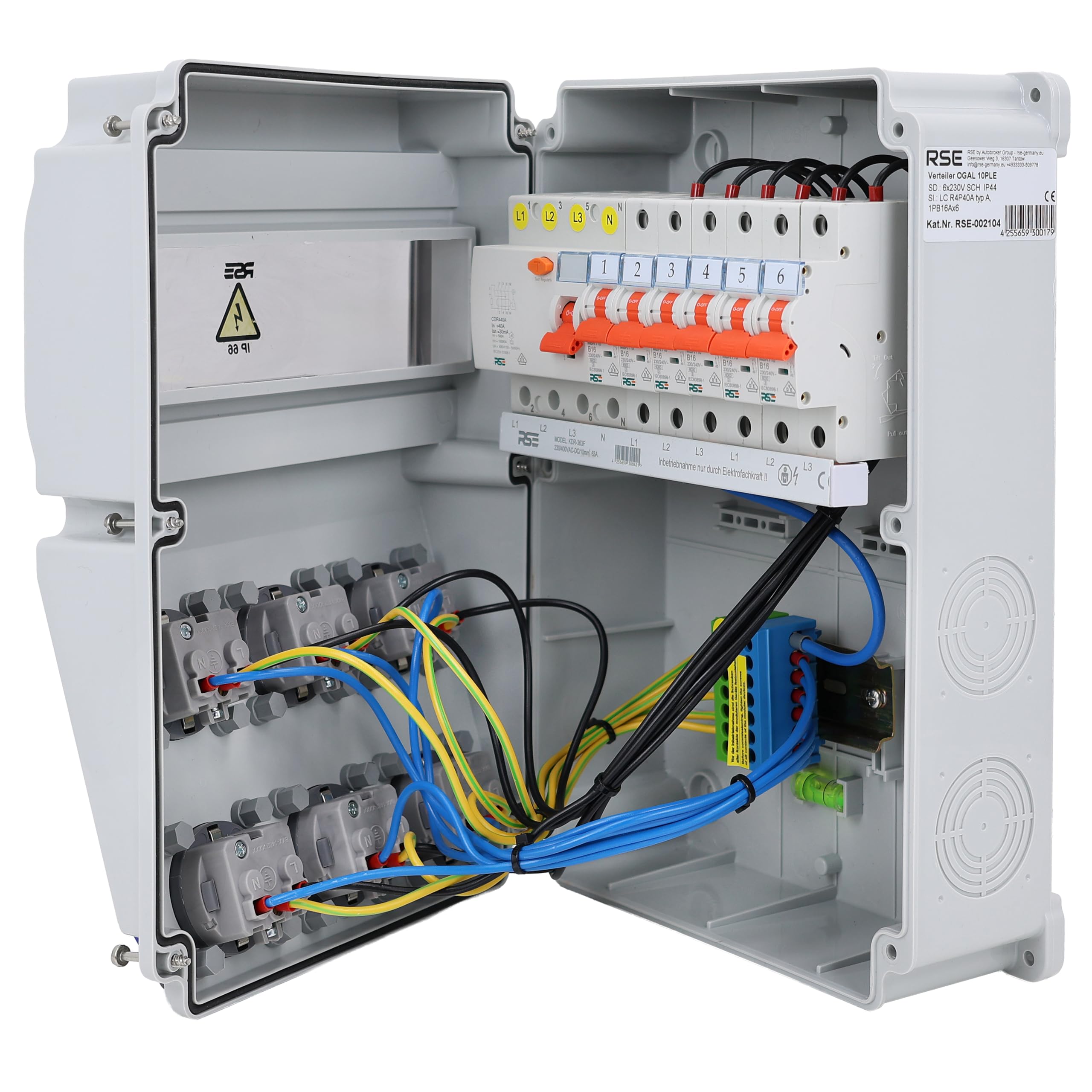 RSE Rozdzielacz prądu budowlanego rozdzielnica ścienna w pełni okablowany 230 V Schuko z licznikiem do wyboru IP65, 11. 6 x 230 V z LS + FI 3P