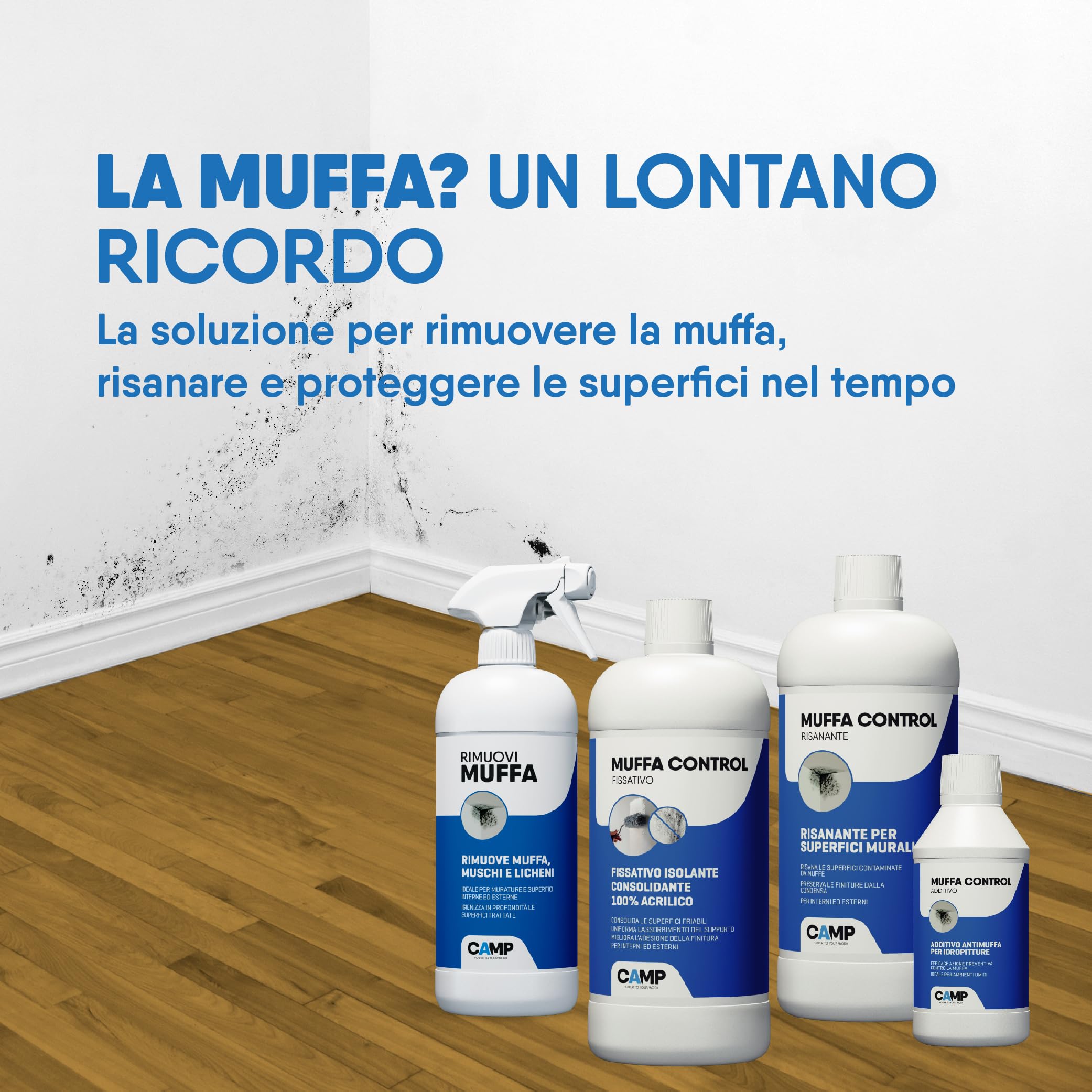 CAMP Trattamento Completo Rimuovi Muffa, 300 ml + Muffa Control Risanante, 1 L - Rimuove rapidamente muffe, muschi e licheni, Risana le superfici, Efficacia Duratura