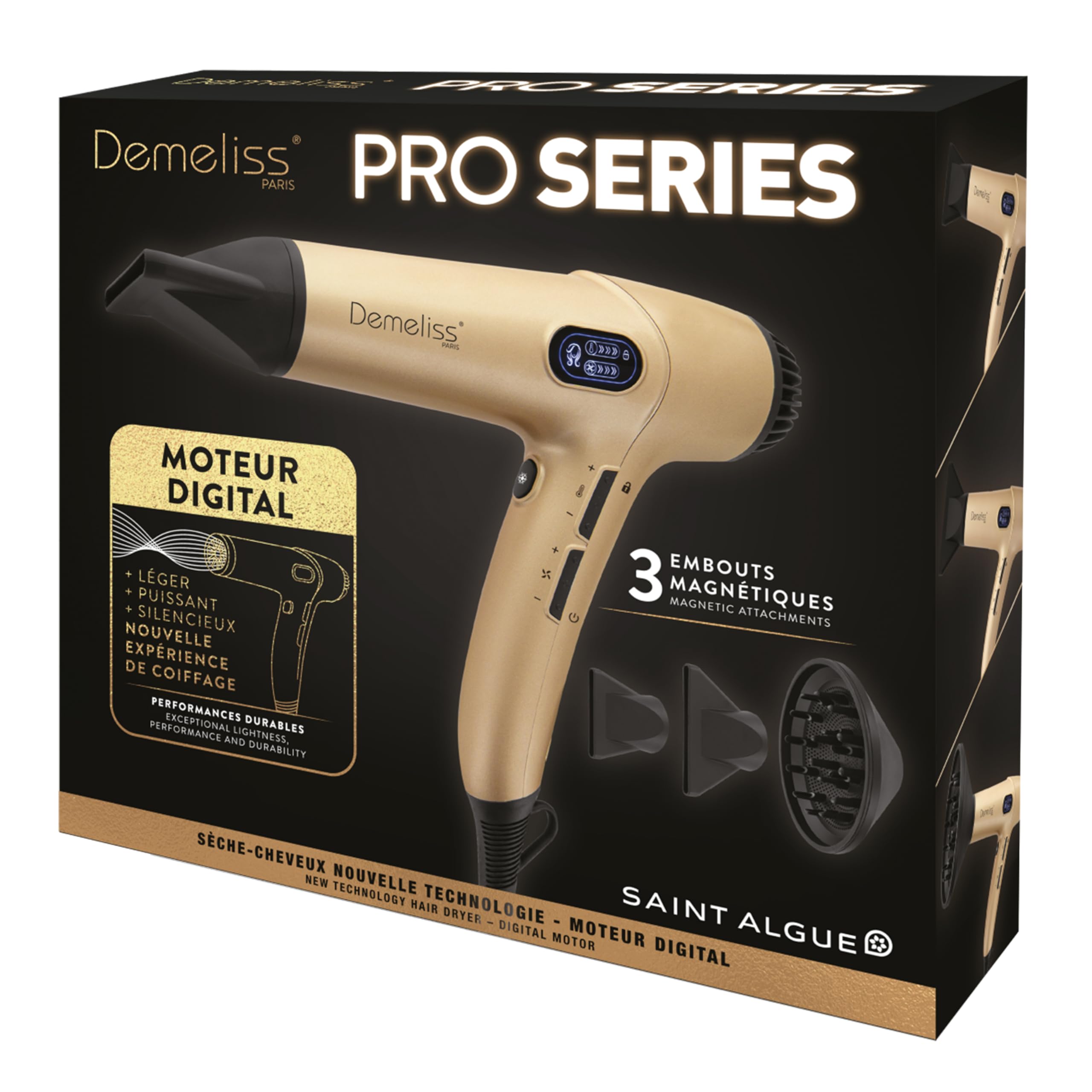 Asciugacapelli Demeliss SAINT ALGUE PRO SERIES - Motore Digitale BLDC - Leggero, Compatto, Silenzioso, Ultra Potente - 3 Accessori Magnetici - Design Ergonomico, Funzione Ionica