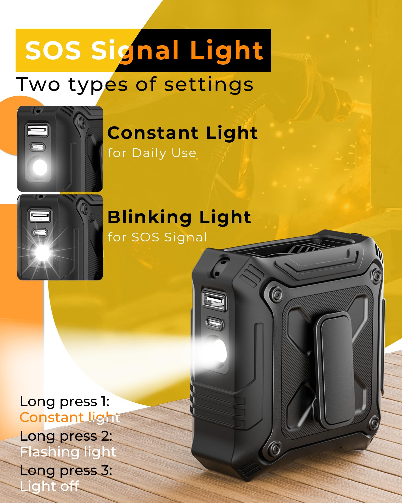 TUNISE Ventilatore clip cintura, batteria ricaricabile 8000 mAh,5 velocità fino a 24 ore di autonomia, luce LED & segnale SOS integrati, Ventilatore portatile per lavoro esterno, campeggio