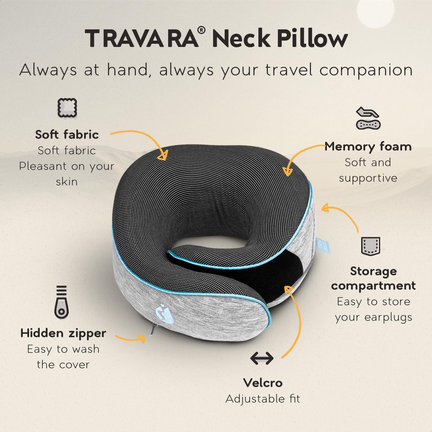 TRAVARA Neck Pillow Airplane - Travel Neck Pillow - Airplane Pillow with 360° Memory Foam Neck Support - Travel Pillow for Sleeping - Travel Pillows for Airplanes