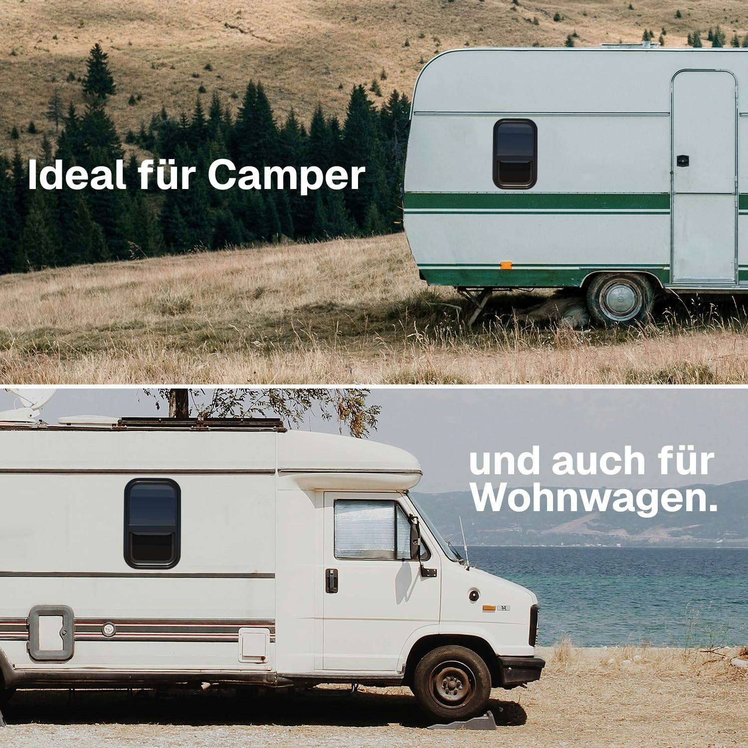 Wohnwagen Fenster 50x30 cm, E4, Schiebefenster für Wohnmobil und Caravan mit festem Insektenschutz, getöntem Sicherheitsglas, UV-beständig, Seitenfenster für Camper mit Aluminiumrahmen