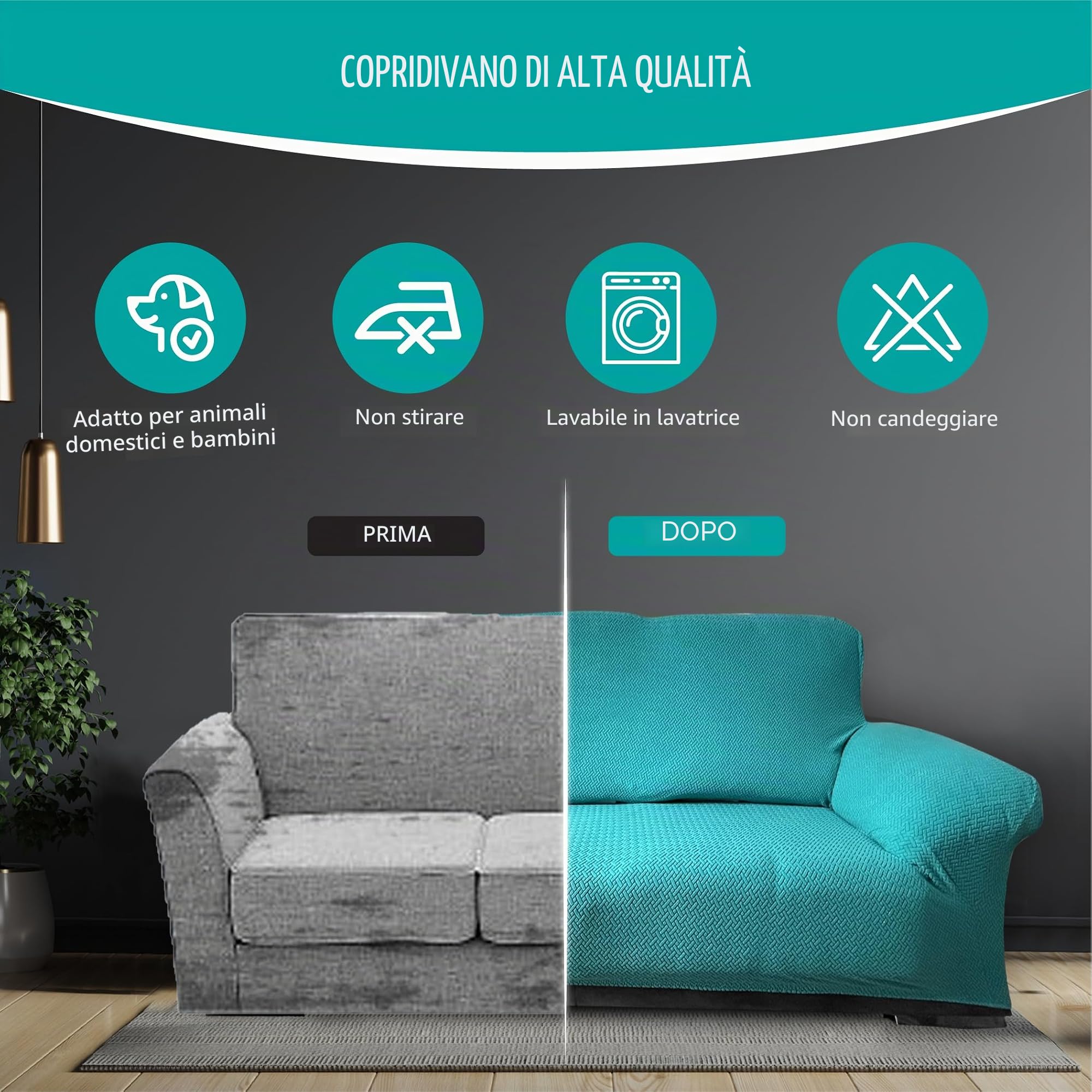 FOCARIS Home - Copridivano protettivo-regolabile e idrorepellente-copridivano 3 posti-turchese/verde (Long.max. 233 cm)-Imbottitura mais-1 pezzo-federe per divano regolabili, confezione regalo