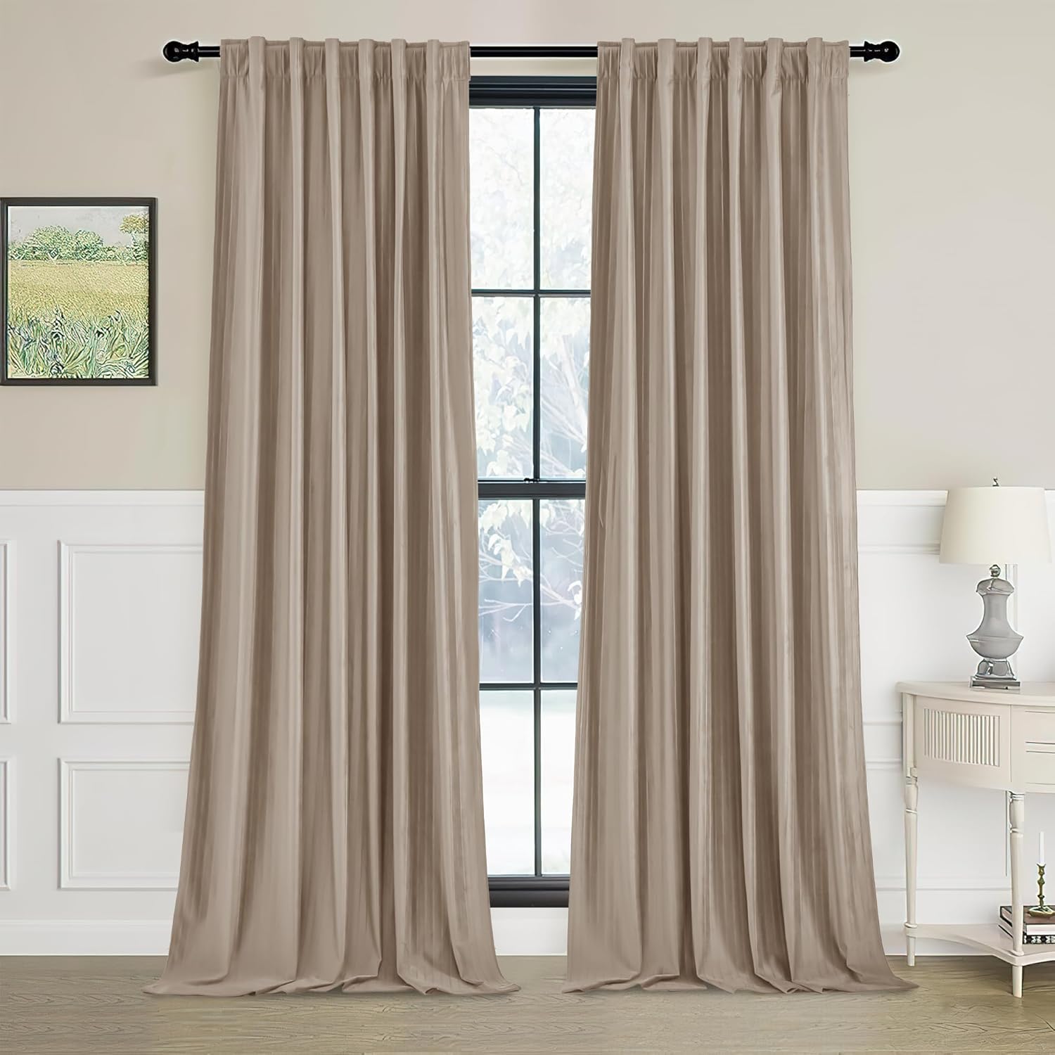 RYB HOME Striped Velvet Curtains 96 inches Long, Back Tab Room Darkening Noise Reducing Window Treatment for Living Room Bedroom Privacy Protect for Stuido, Grey, W52 x L96 inch, 2 Panels 52"W x 96"L (Pack of 2) Striped - Camel Beige