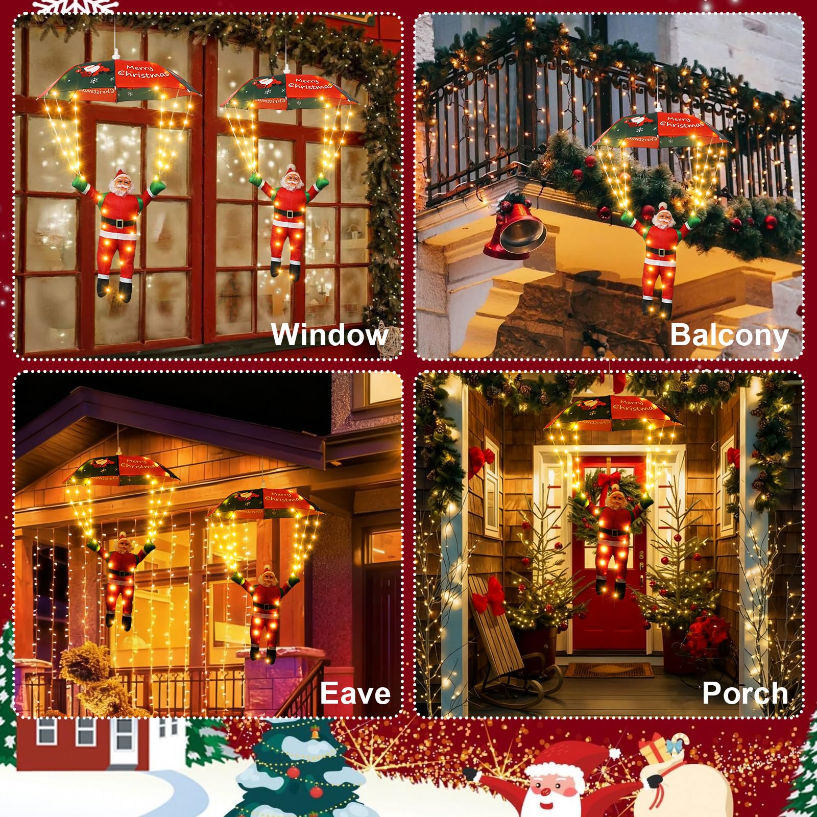 Luci a forma di paracadute di Babbo Natale, 8 modalità di luci natalizie con timer, funzione di memoria, luci a LED sospese per decorazioni natalizie per interni ed esterni (bianco caldo)