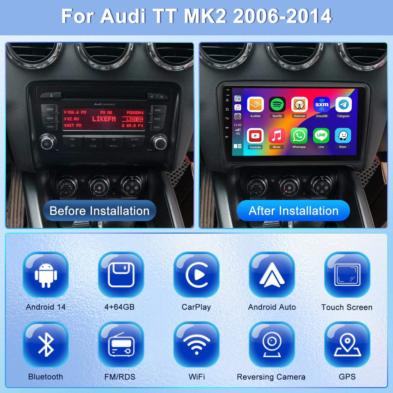 Carplay wyświetlacz do Car Play i Android Auto, 9-calowy ekran dotykowy radio samochodowe z Bluetooth, WLAN, FM/RDS, SWC, nawigacja GPS do TT MK2 2006-2014