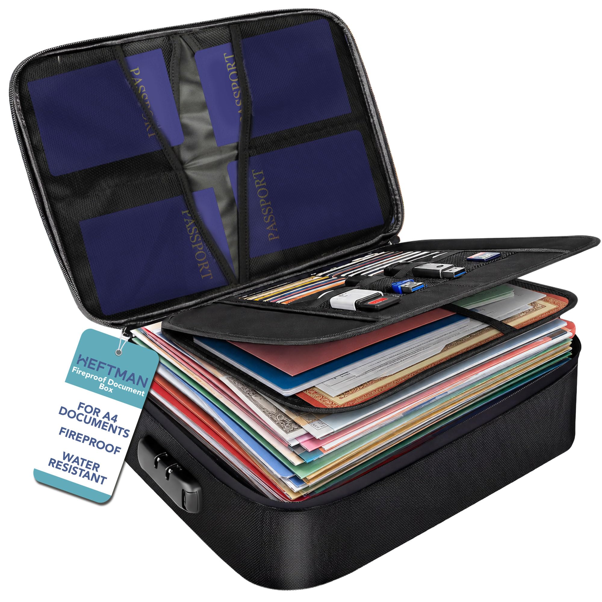 HEFTMAN Fireproof Document Box - Waterproof & Fireproof Document Bag with Lock - Large Capacity, Portable File Organiser for A4 Documents, Passports, Certificates, Legal Files, Valuables (Black)