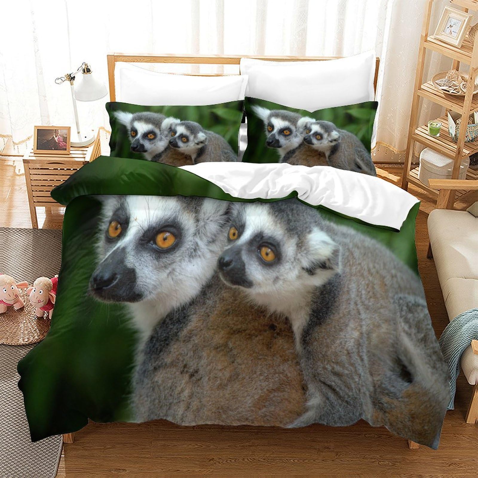 P1S9U7W5Y Nature Animal 3D Printed Microfiber 3pcs Lemur Duvet Cover Set Wildlife Bedding Set King