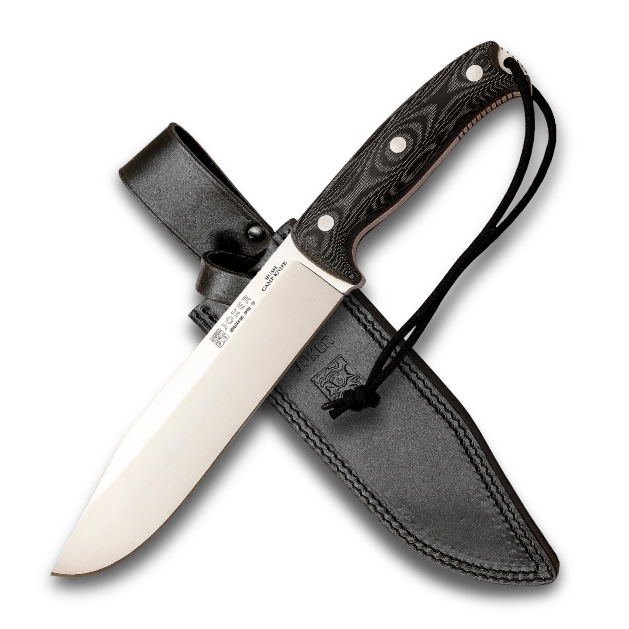 Joker CM146 Bush Camp Knife Survivalmesser 20 cm Böhler N695 Stahl, Full Tang Bushcraft Messer mit Micarta Griff, Lederscheide und Paracord 550, hergestellt in Albacete Spanien